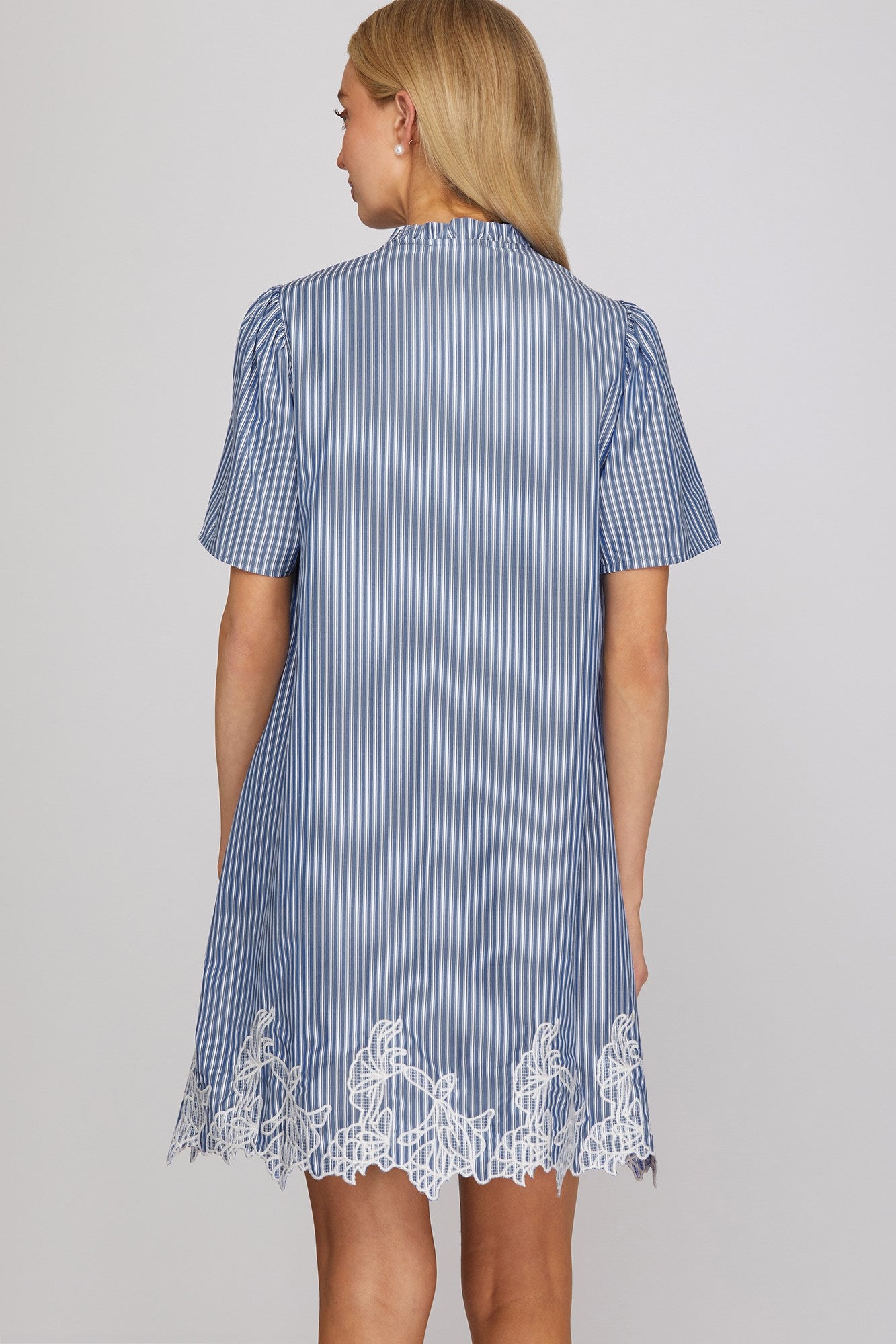 Cobalt Blue Striped Embroidered Hem Mini Dress