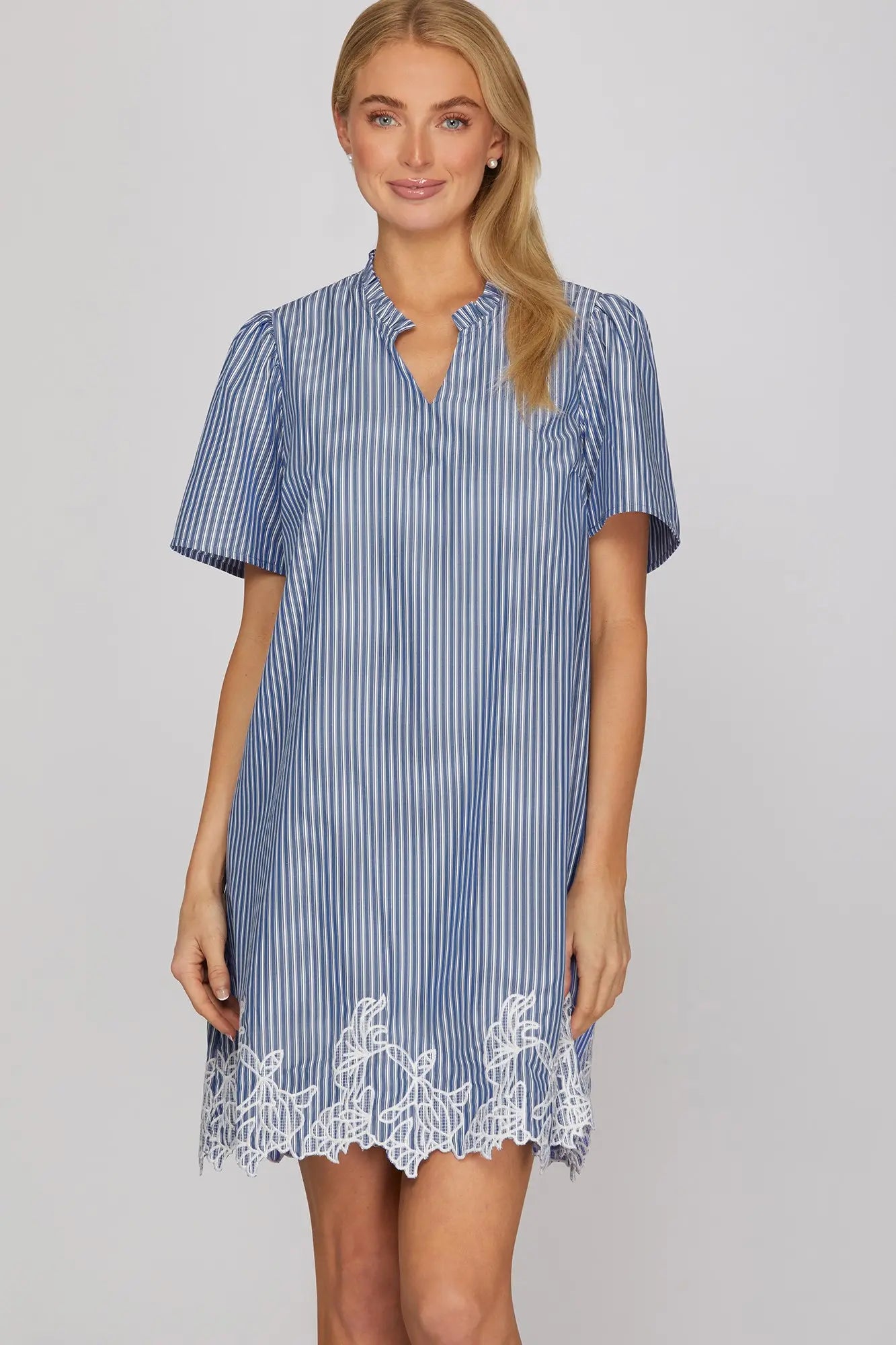 Cobalt Blue Striped Embroidered Hem Mini Dress