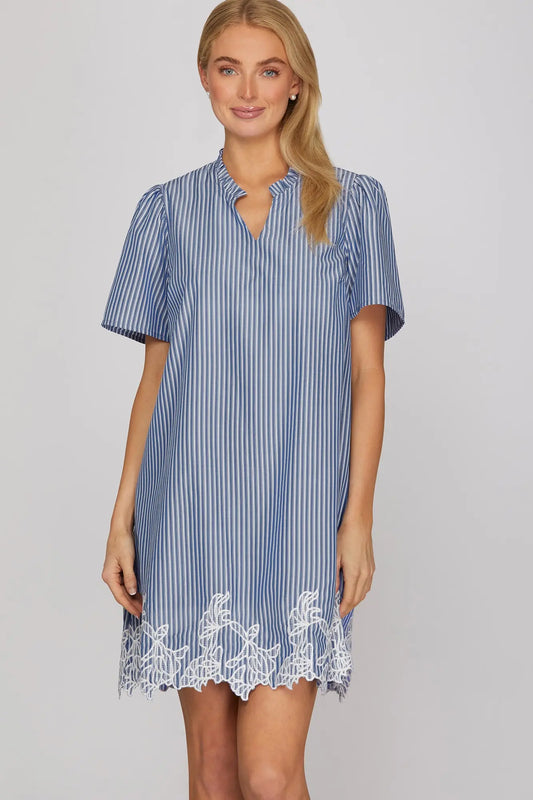 Cobalt Blue Striped Embroidered Hem Mini Dress