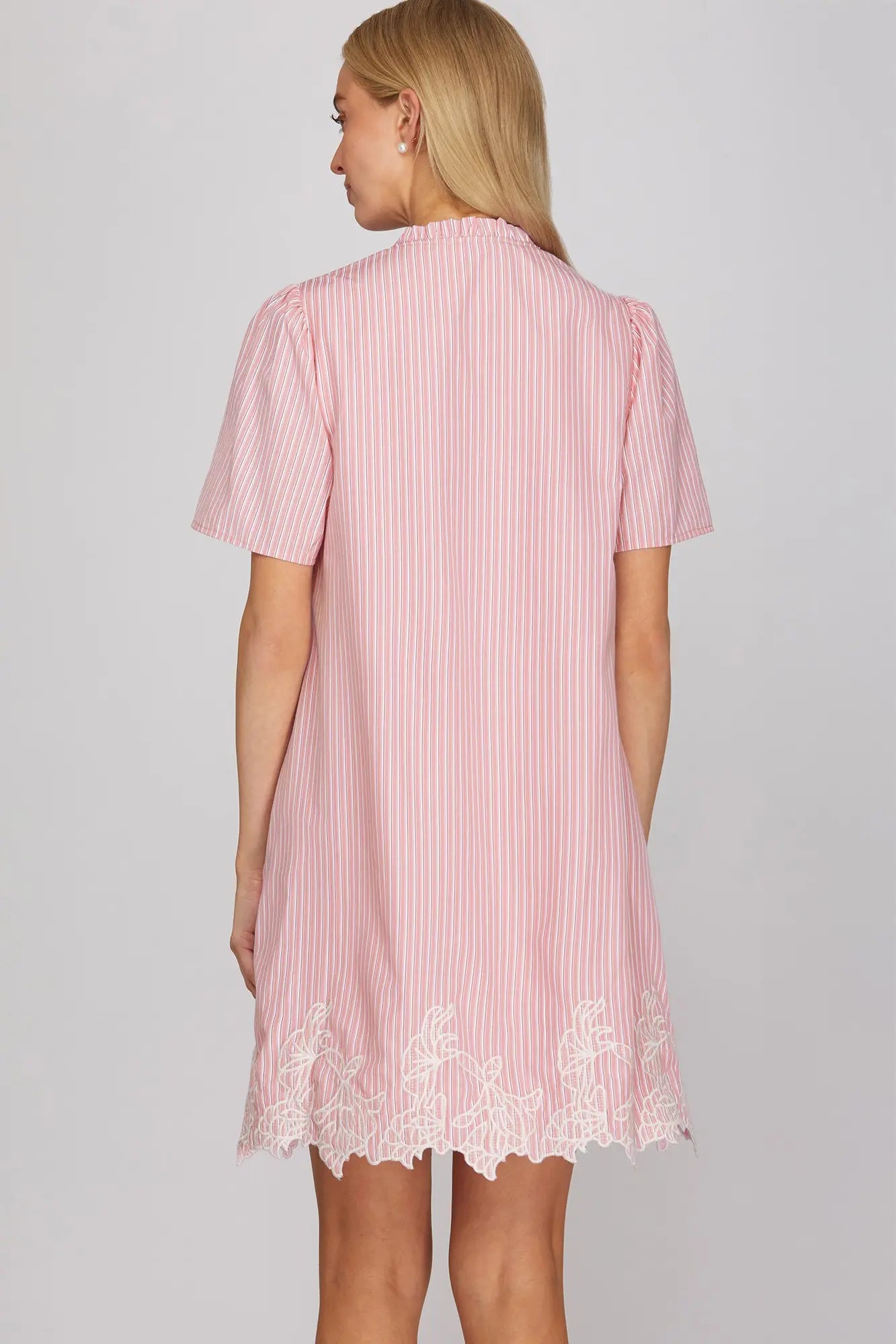 Pink Striped Embroidered Hem Mini Dress