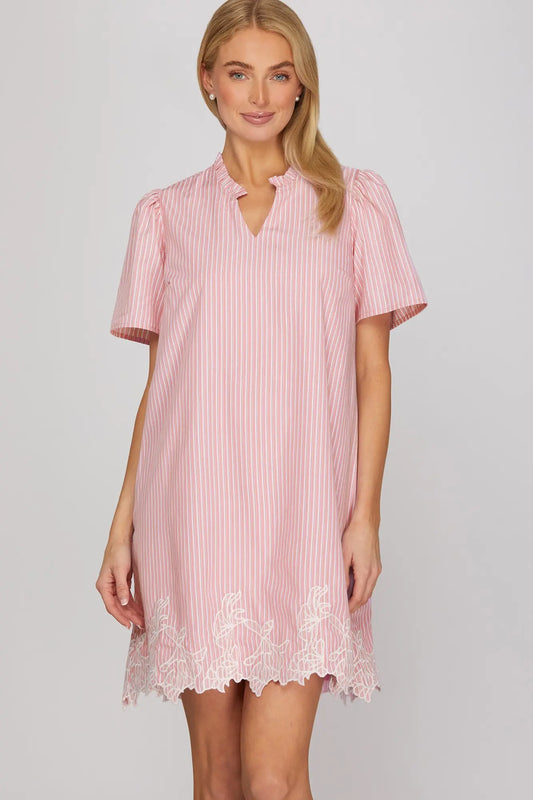 Pink Striped Embroidered Hem Mini Dress