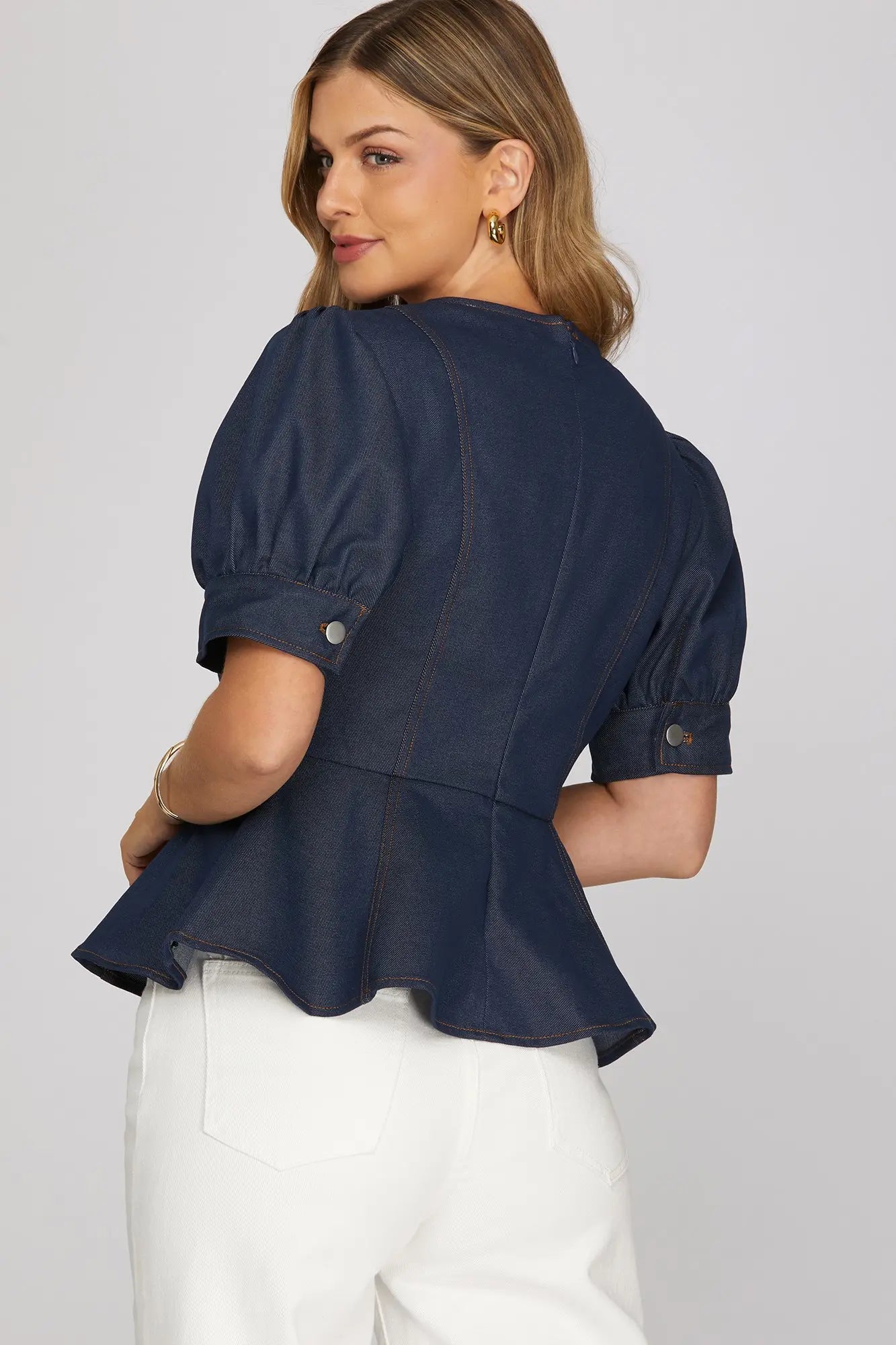 Short Sleeve Peplum Dark  Denim Top