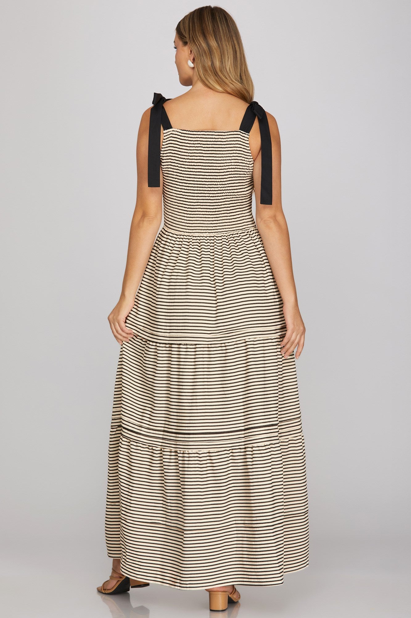 Shoulder Tie Smocked Black Striped Maxi Dress