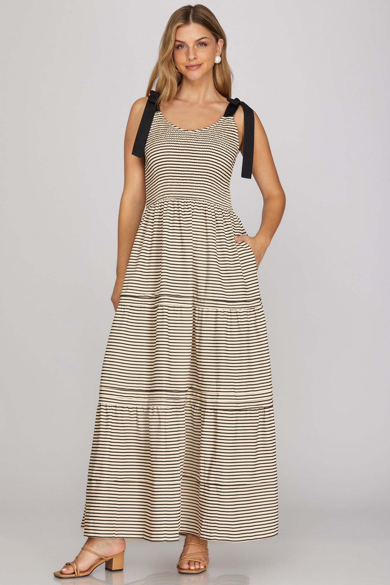 Shoulder Tie Smocked Black Striped Maxi Dress