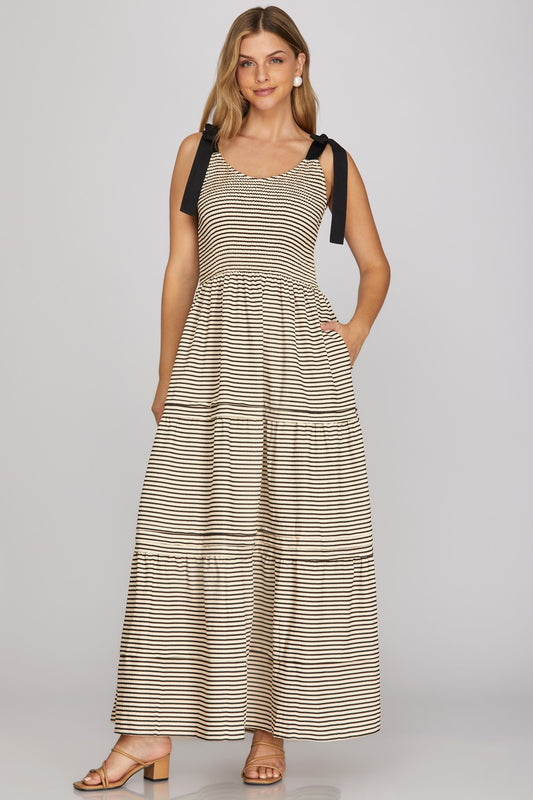 Shoulder Tie Smocked Black Striped Maxi Dress