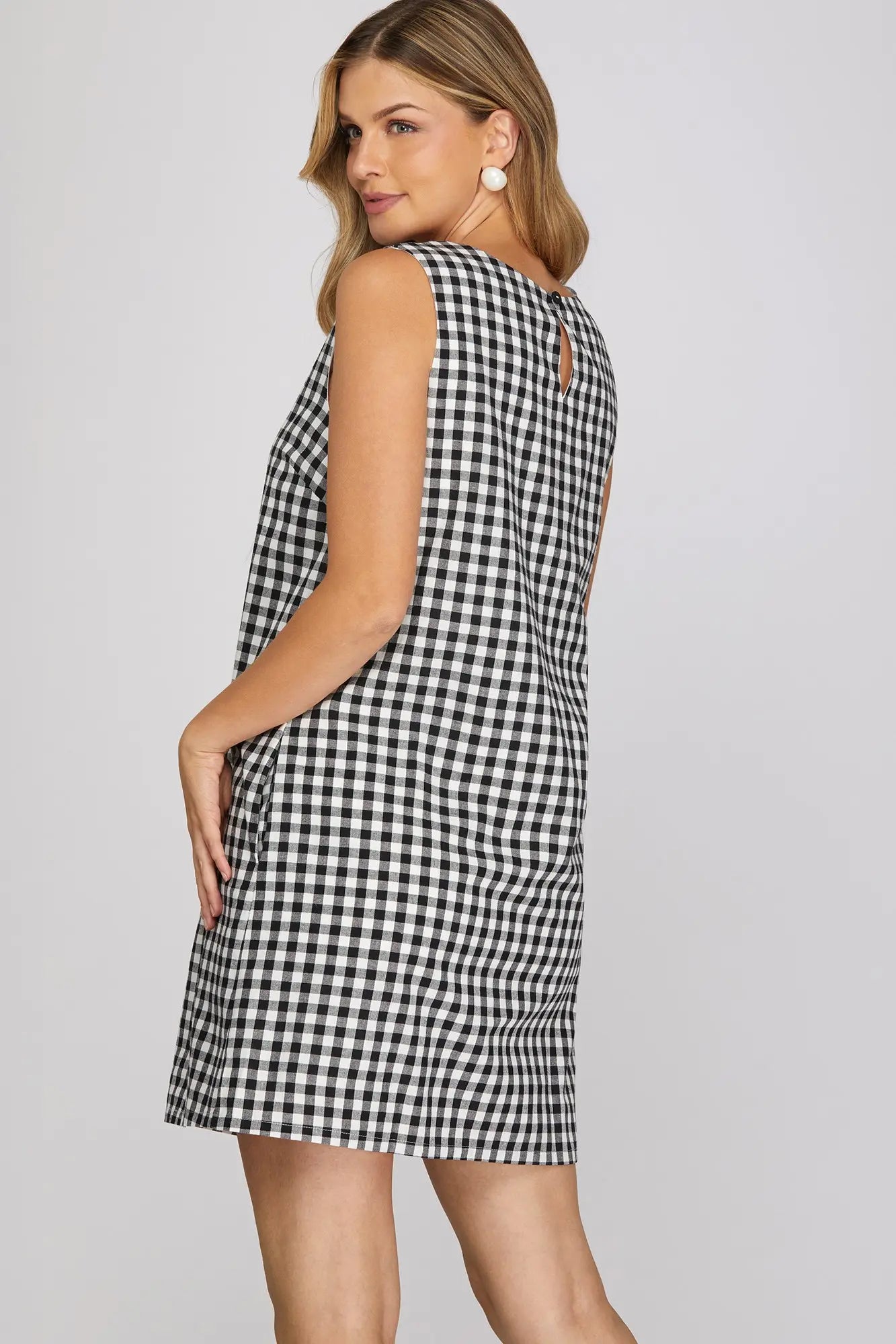Sleeveless Black Gingham Woven Mini Dress