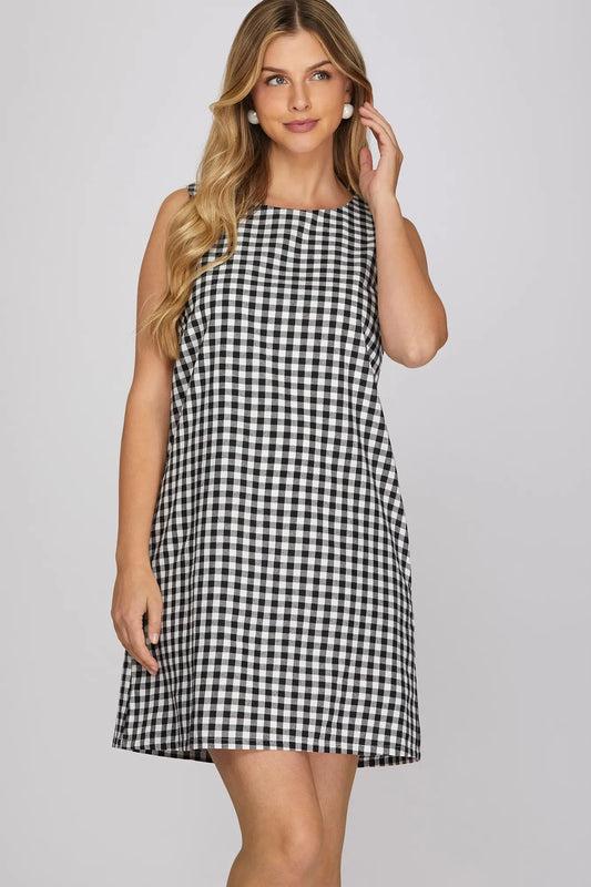 Sleeveless Black Gingham Woven Mini Dress
