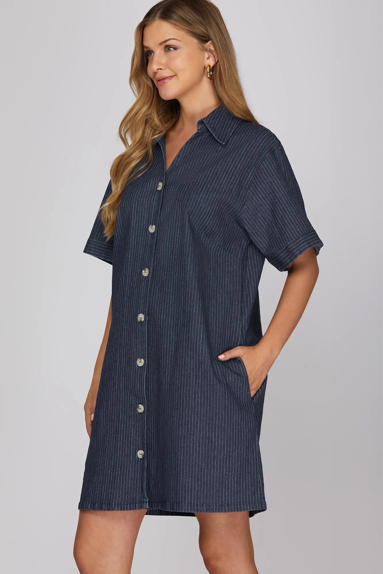 Pinstriped Dark Denim Button Down Collared Mini Dress