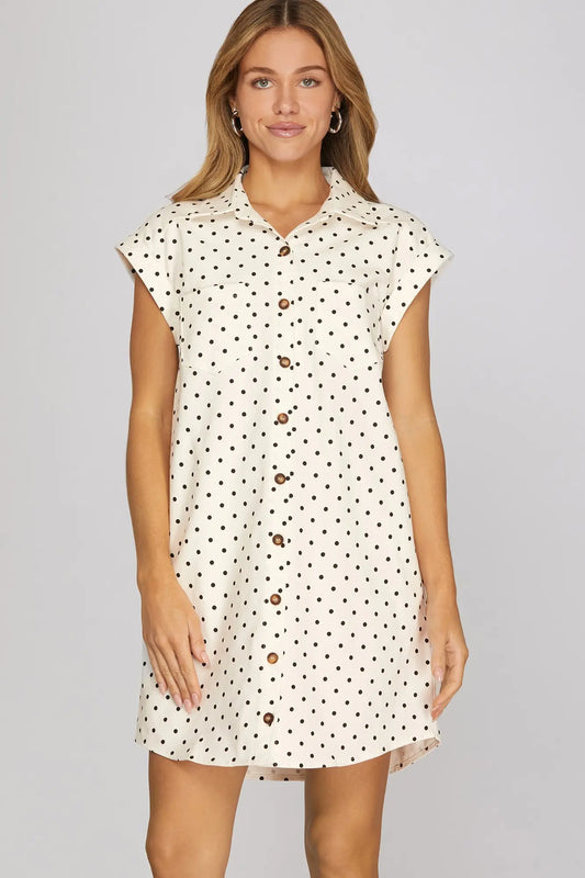 Off White Sleeveless Polka Dot Twill Mini Dress