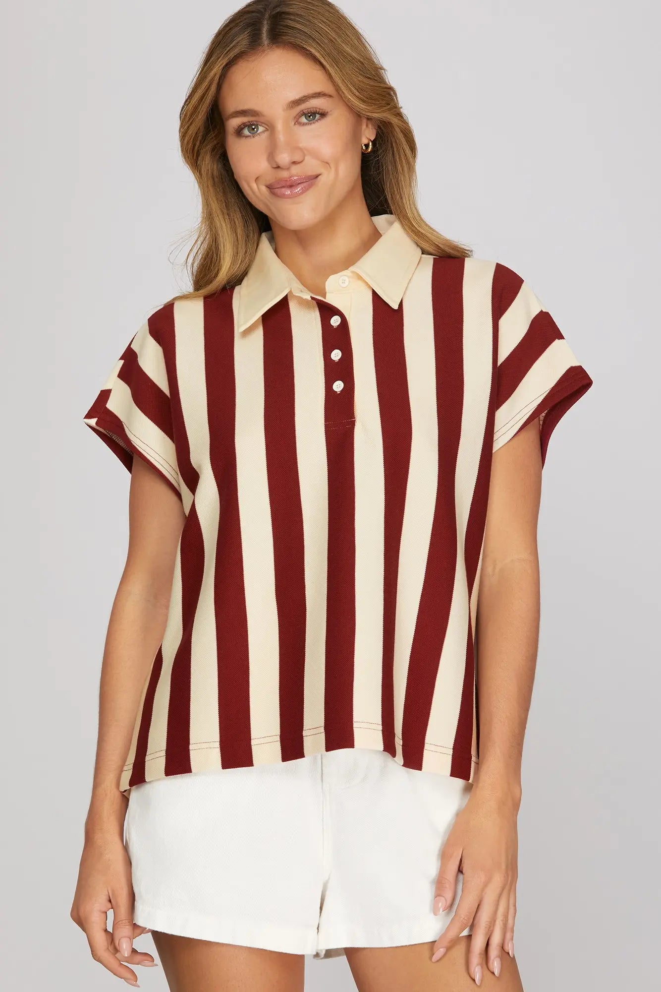 Garnet Knit Striped Collared Top & Mini Skirt Set