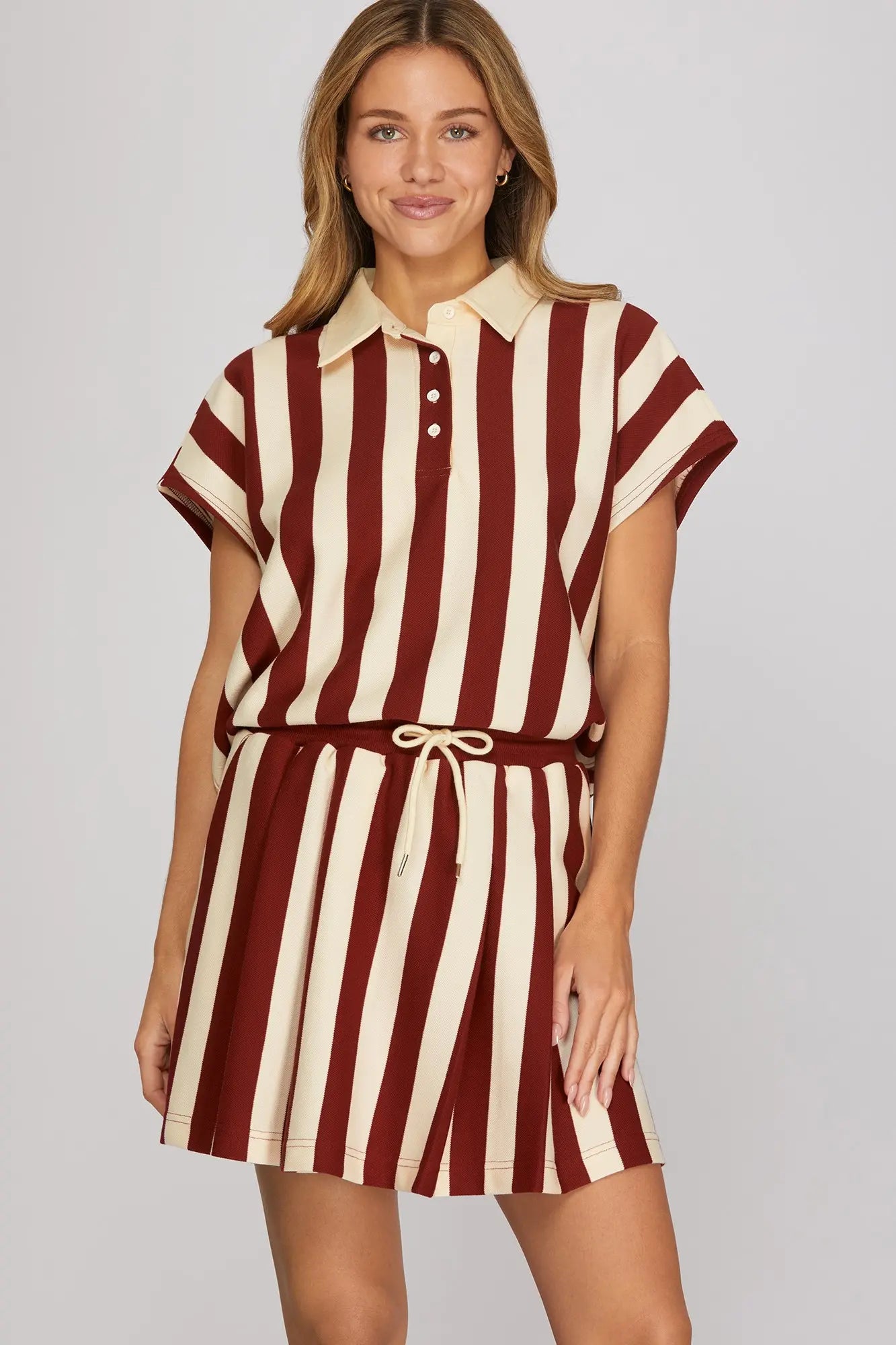 Garnet Knit Striped Collared Top & Mini Skirt Set