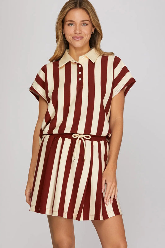 Garnet Knit Striped Collared Top & Mini Skirt Set