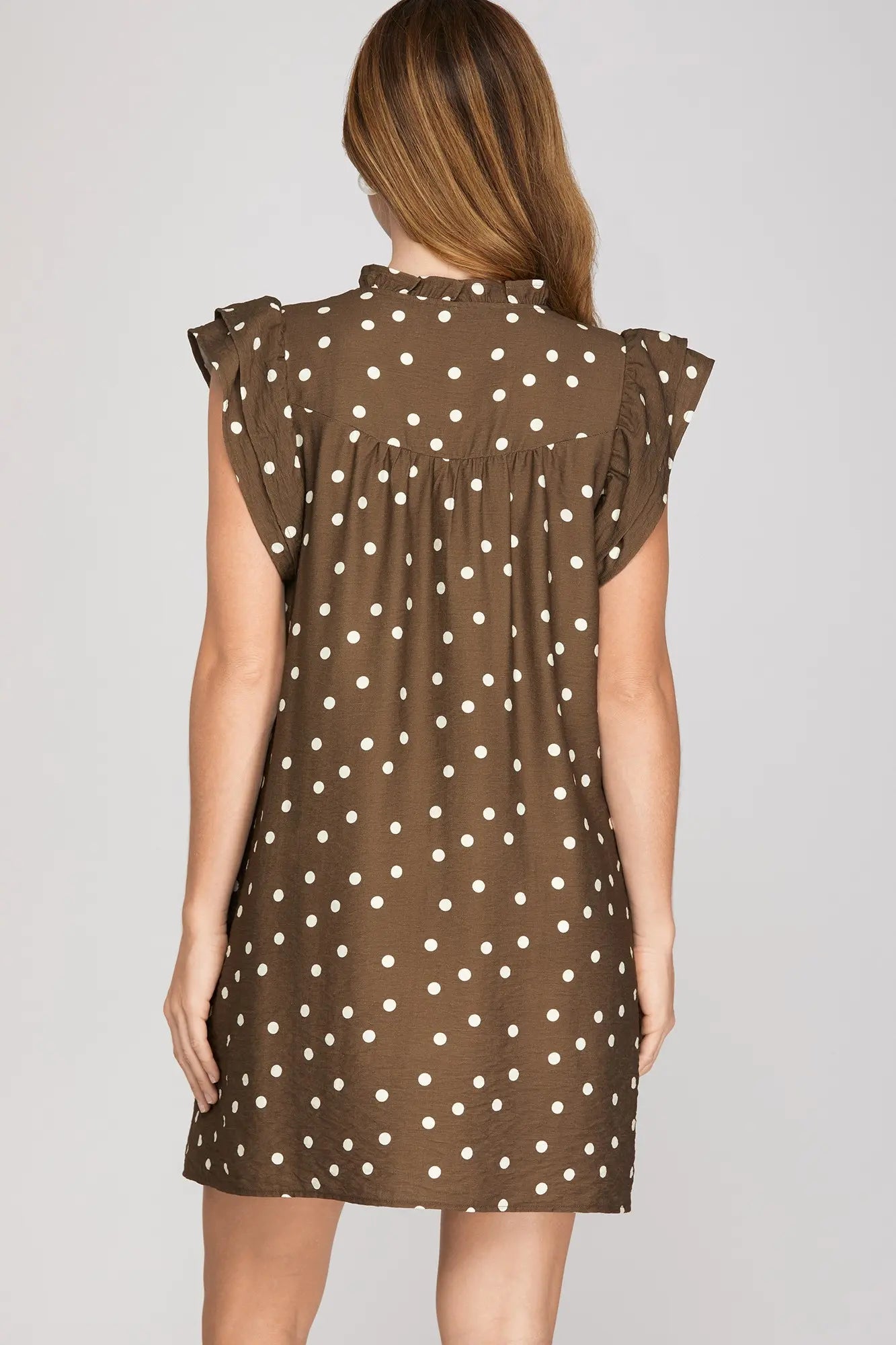 Ruffle Sleeve Brown Polk Dot Mini Dress