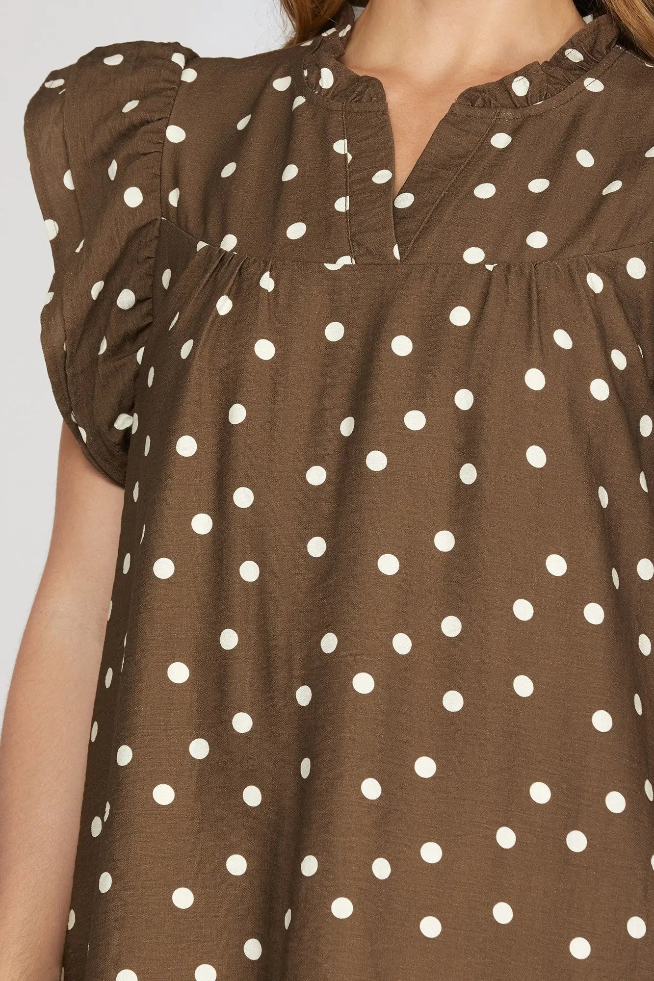 Ruffle Sleeve Brown Polk Dot Mini Dress