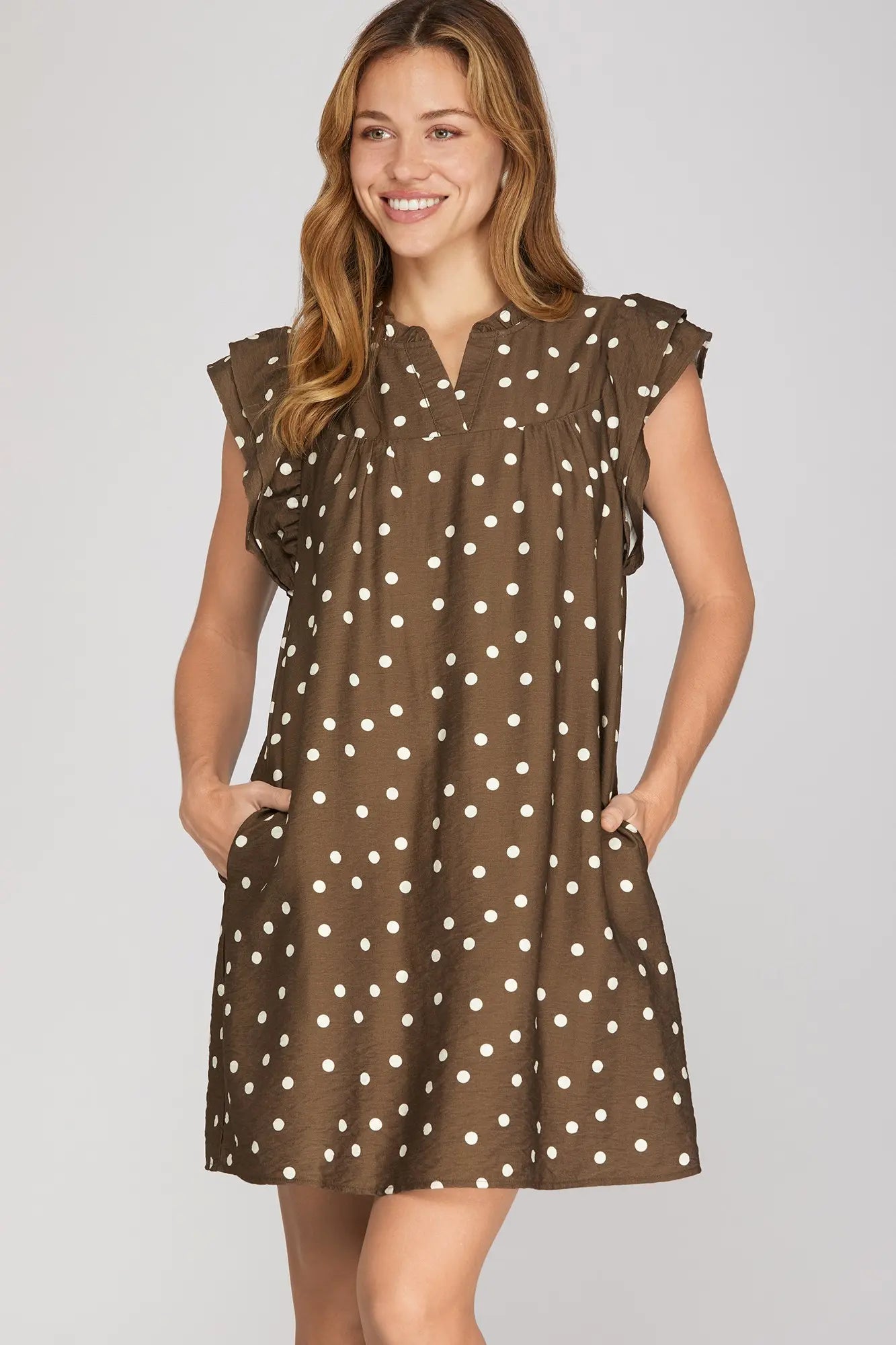 Ruffle Sleeve Brown Polk Dot Mini Dress