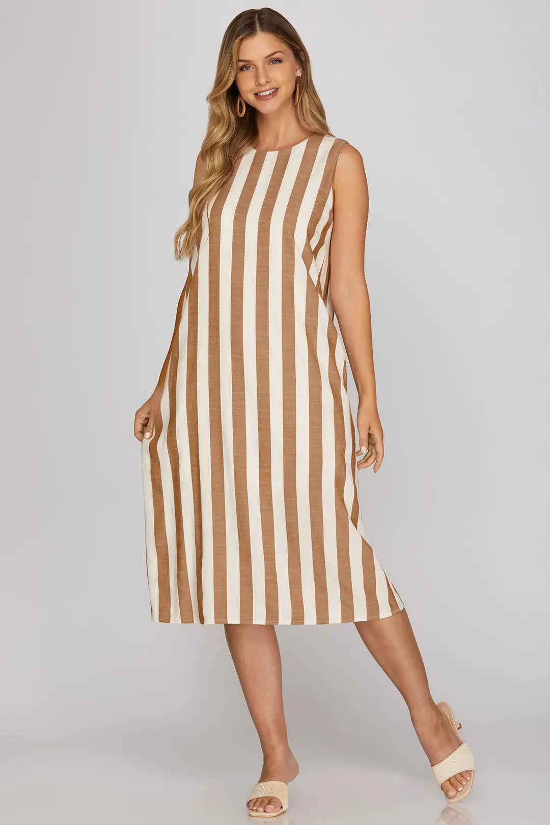 Mocha Striped Woven Midi Dress