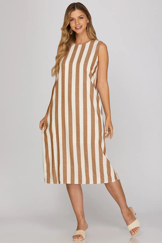 Mocha Striped Woven Midi Dress