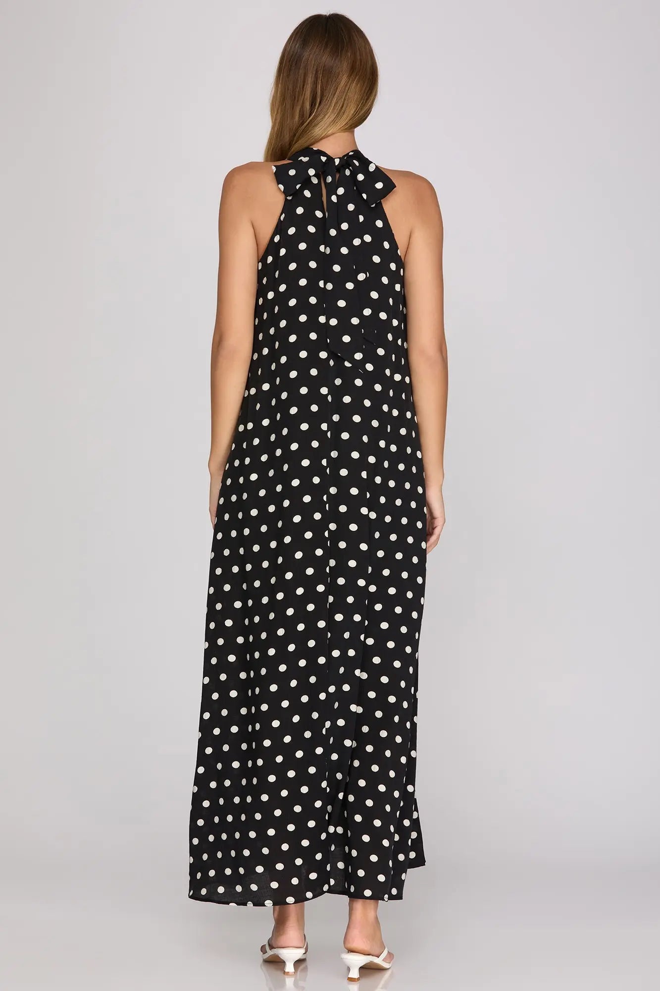 Black Sleeveless Polka Dot Halter Maxi Dress