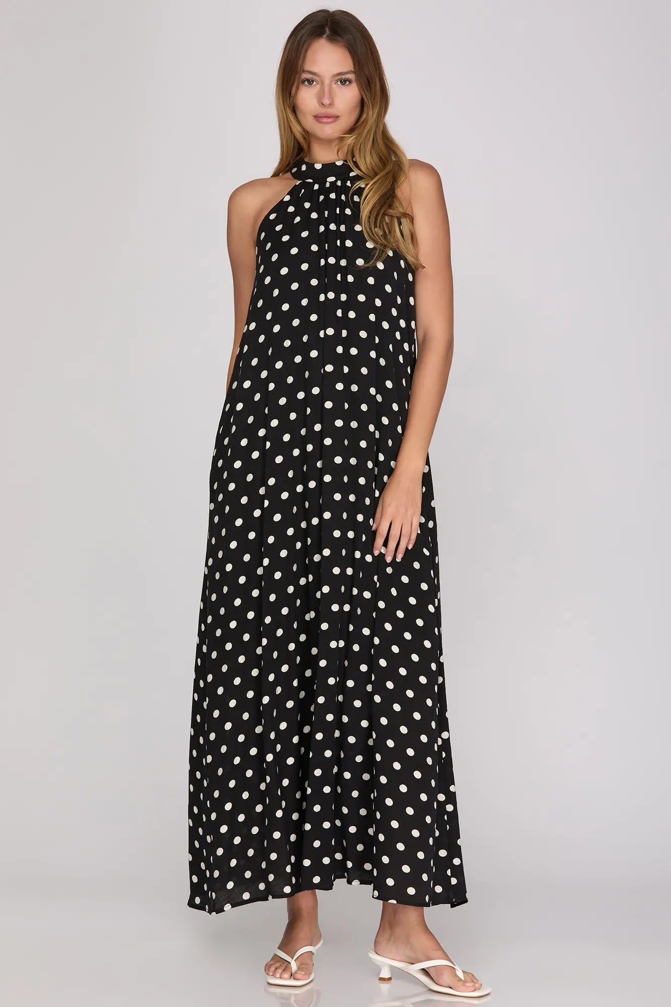 Black Sleeveless Polka Dot Halter Maxi Dress