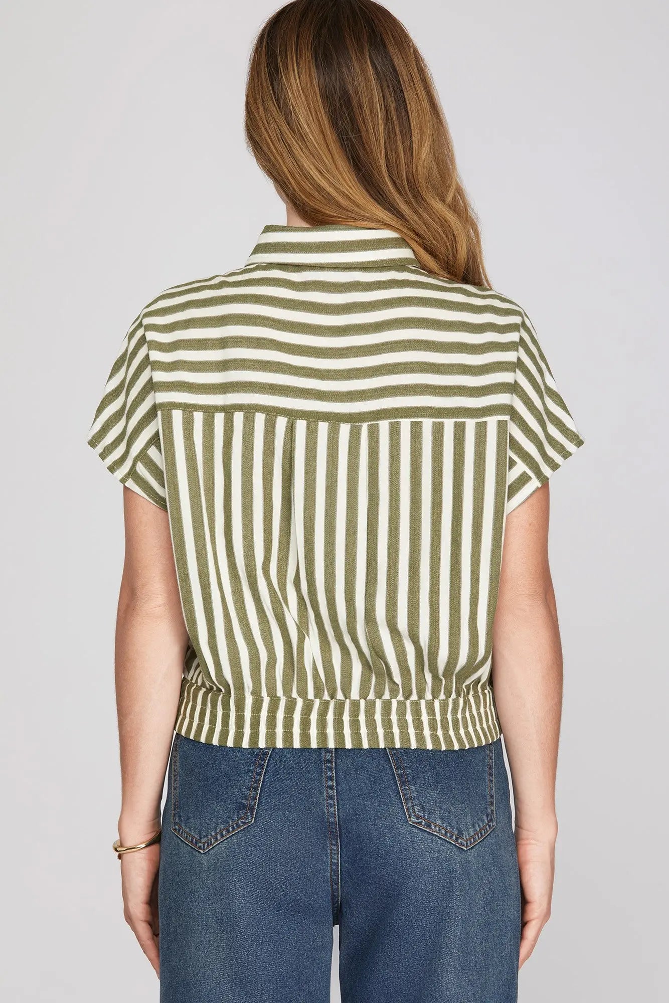 Olive Striped Woven Button Down Crop Top