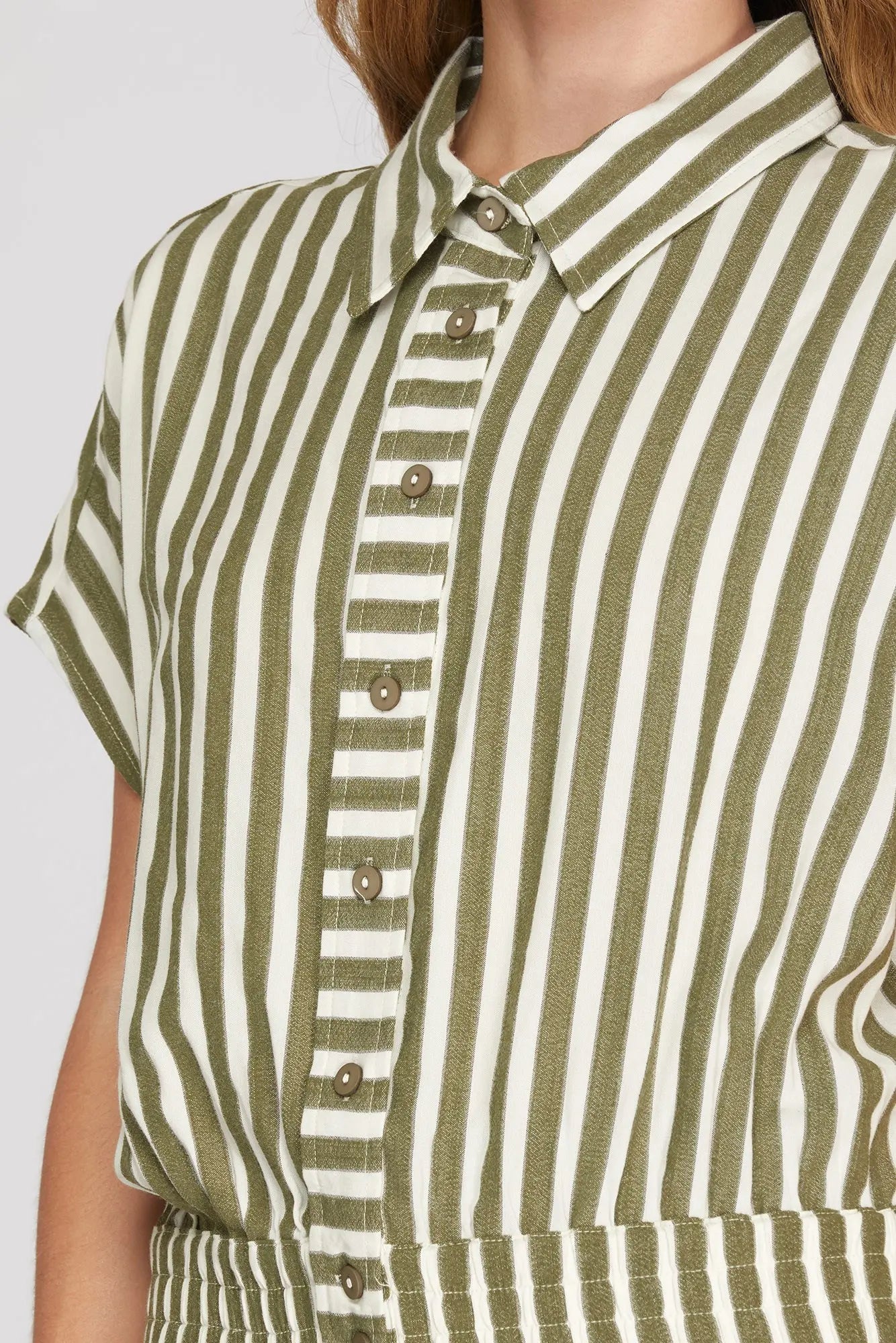 Olive Striped Woven Button Down Crop Top