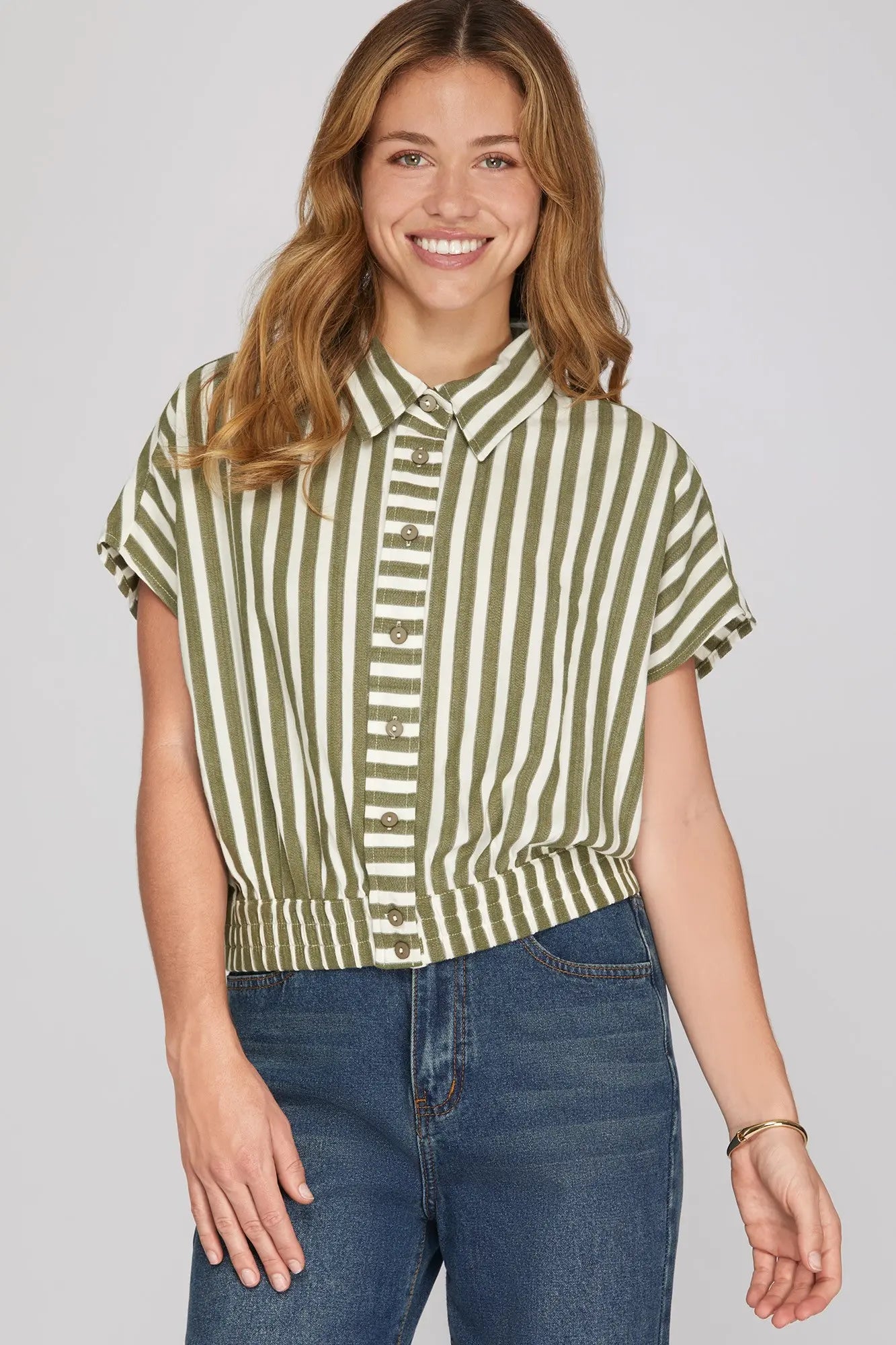 Olive Striped Woven Button Down Crop Top