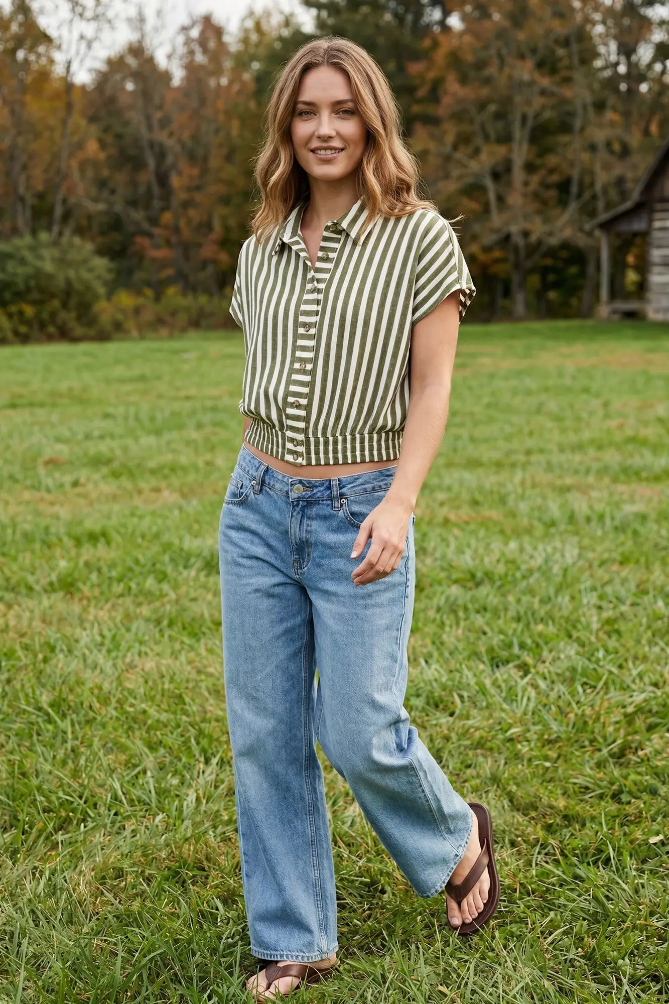 Olive Striped Woven Button Down Crop Top