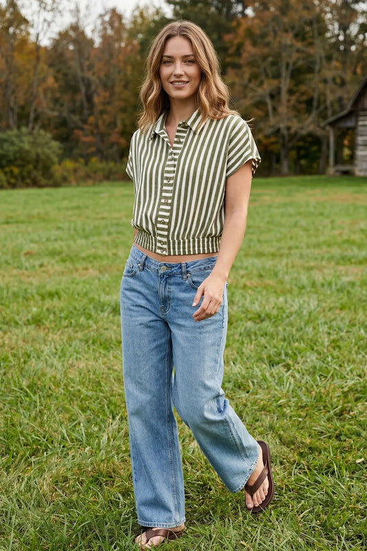 Olive Striped Woven Button Down Crop Top