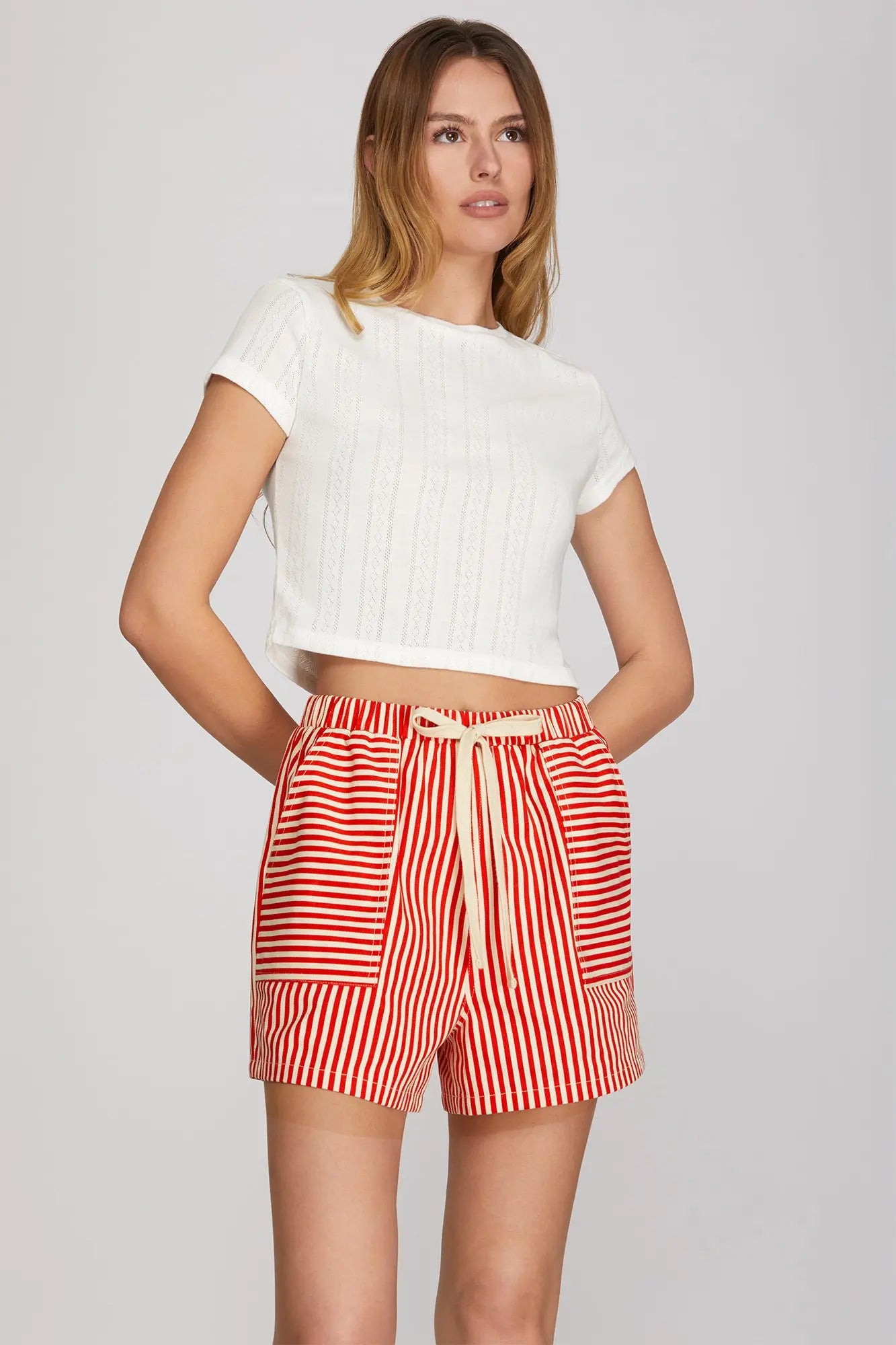 Red Woven Striped Elastic Band Shorts