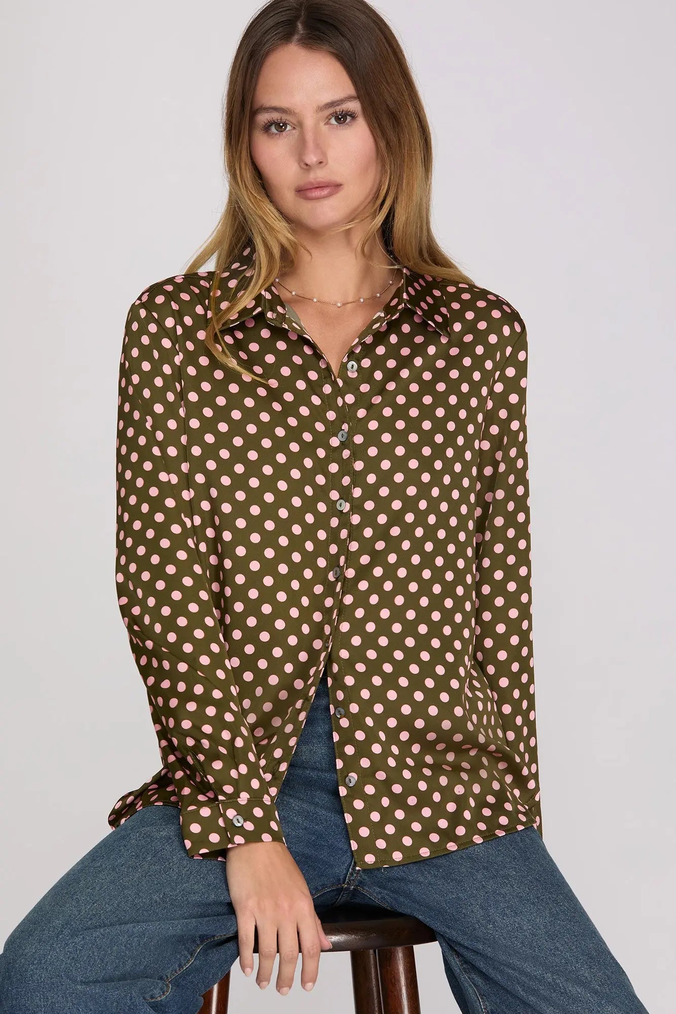 Olive & Pink Polka Dot Satin Top