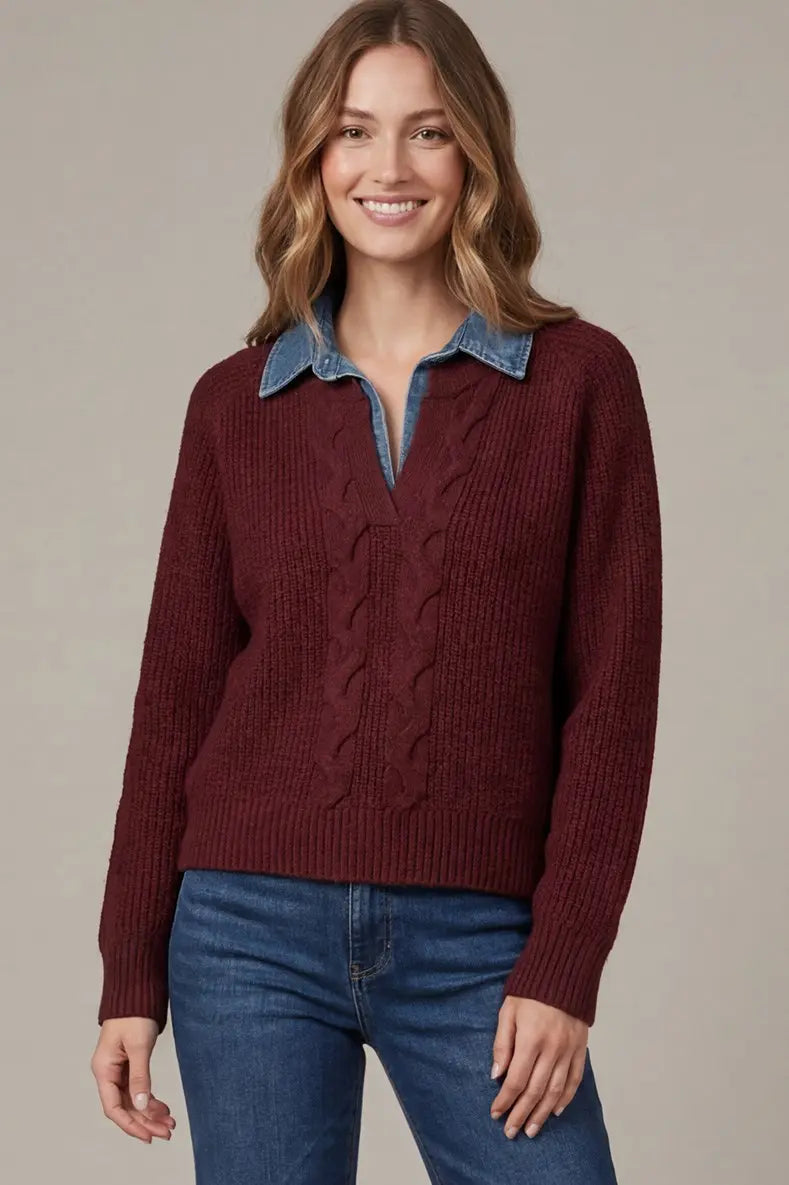 Denim Collar & Wine Sweater