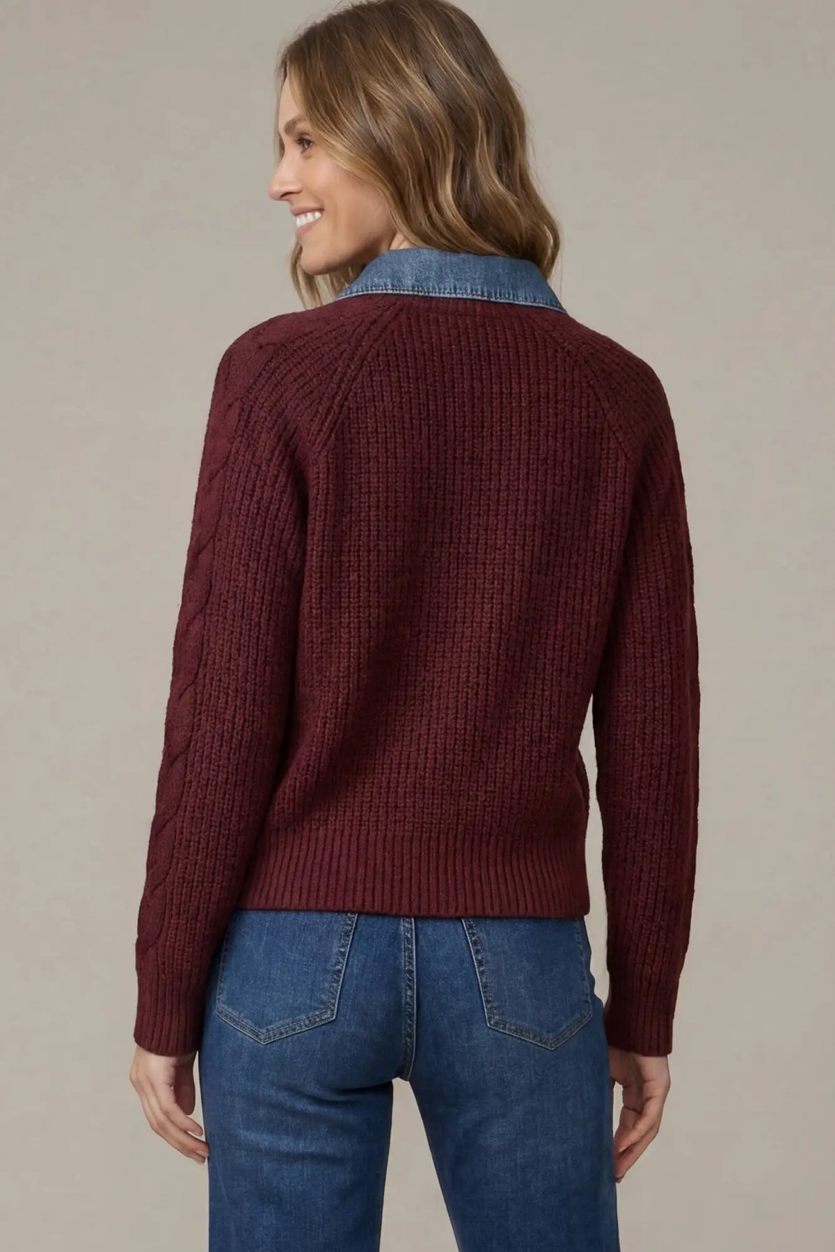 Denim Collar & Wine Sweater