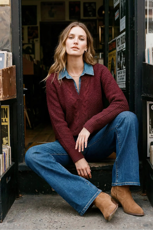 Denim Collar & Wine Sweater