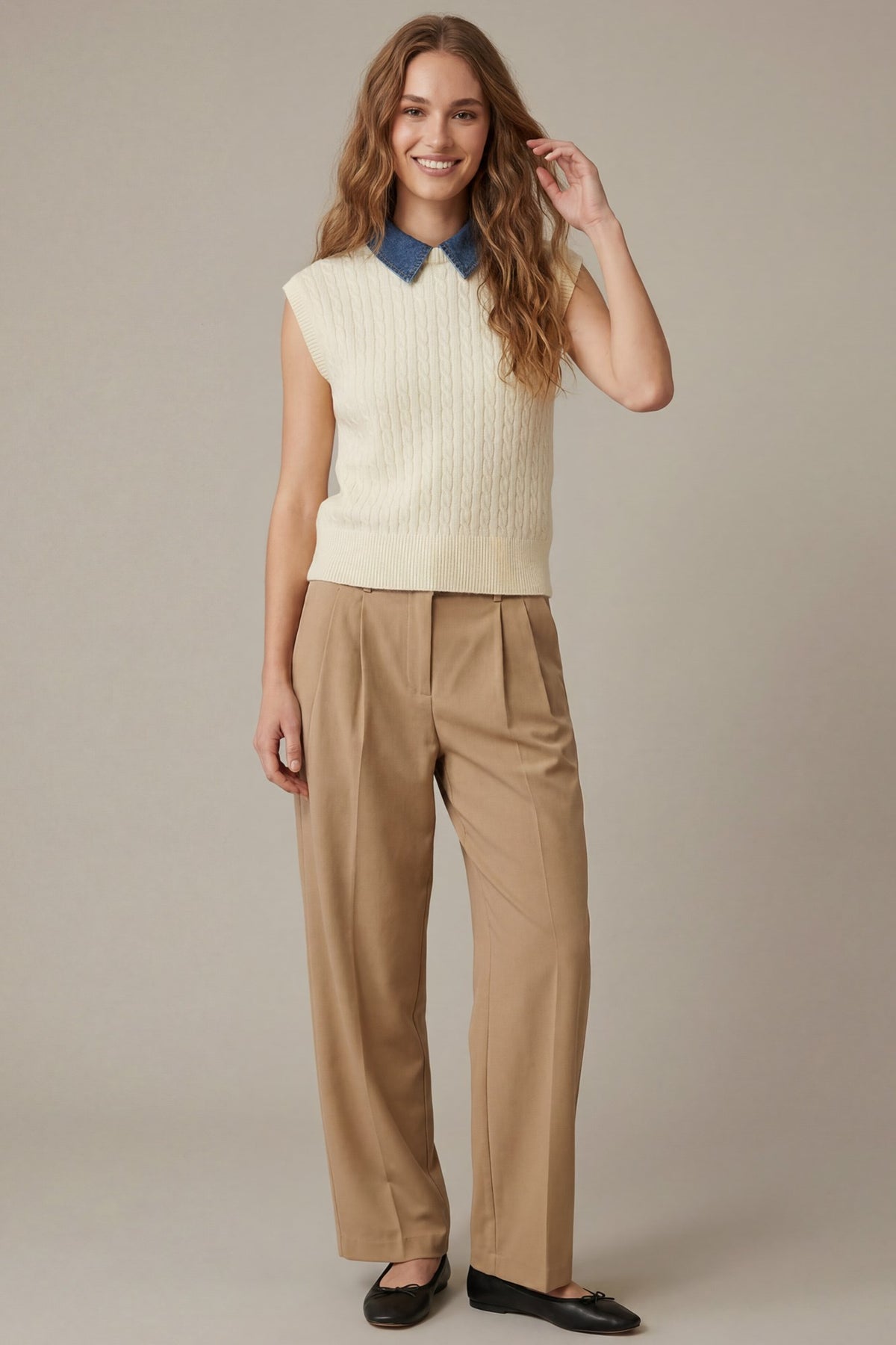 Sleeveless Denim Collar Cable Sweater