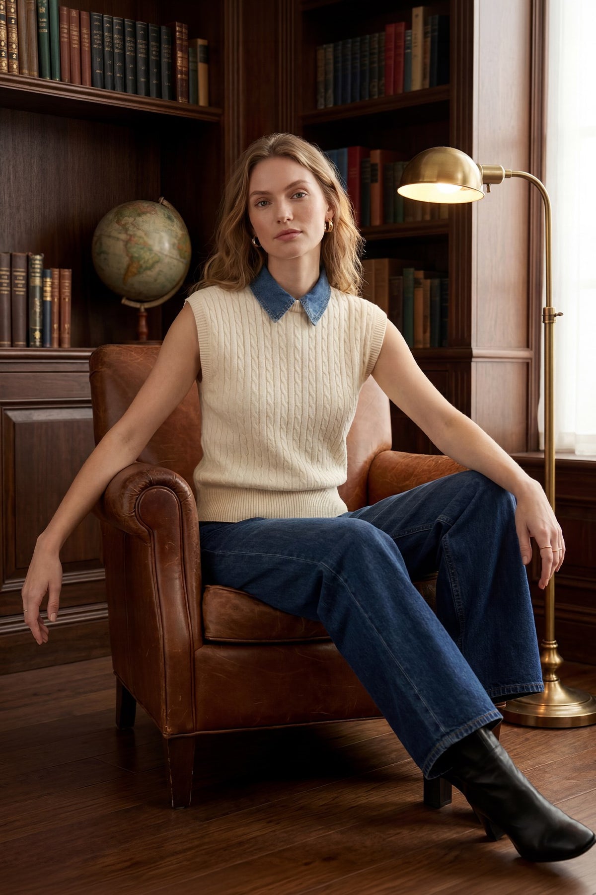 Sleeveless Denim Collar Cable Sweater