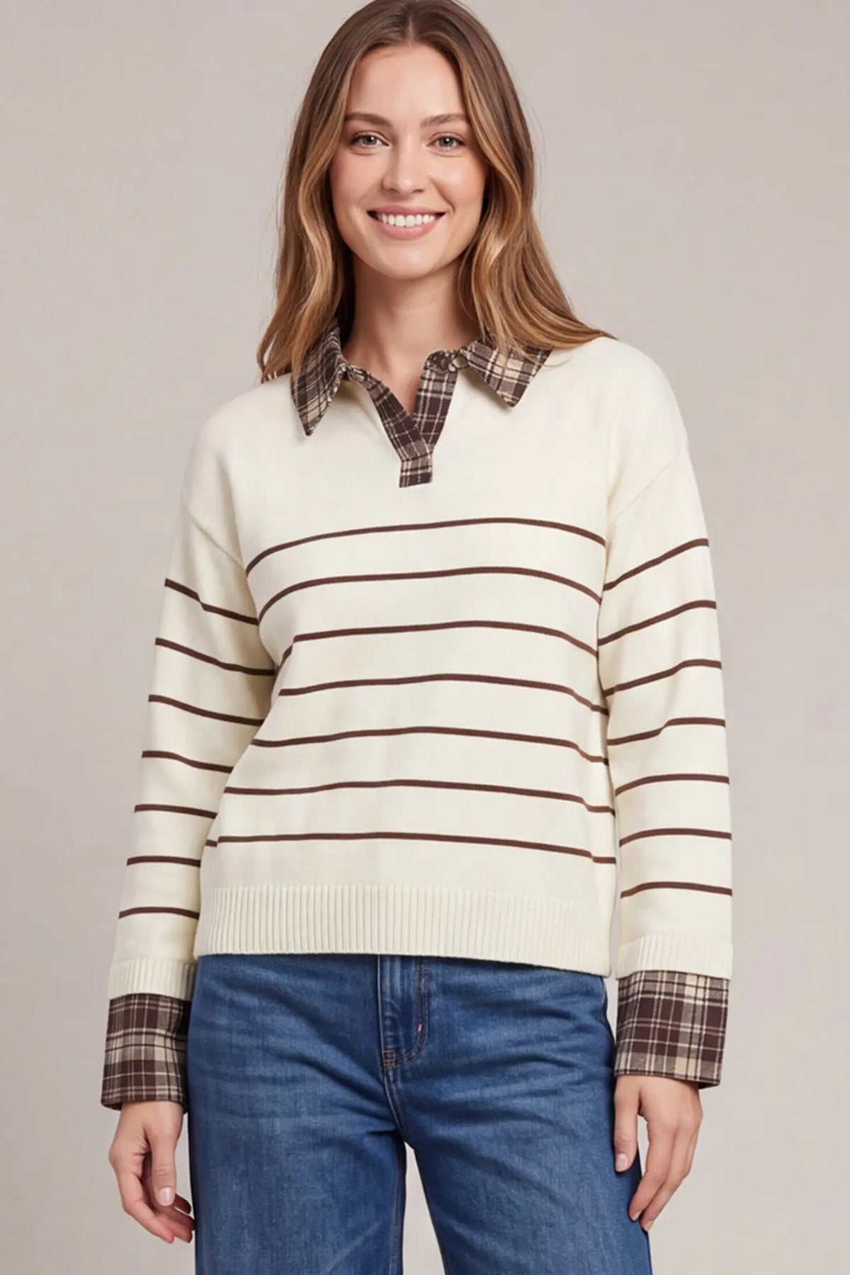 Plaid Collar & Striped Sweater Top