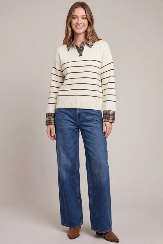 Plaid Collar & Striped Sweater Top