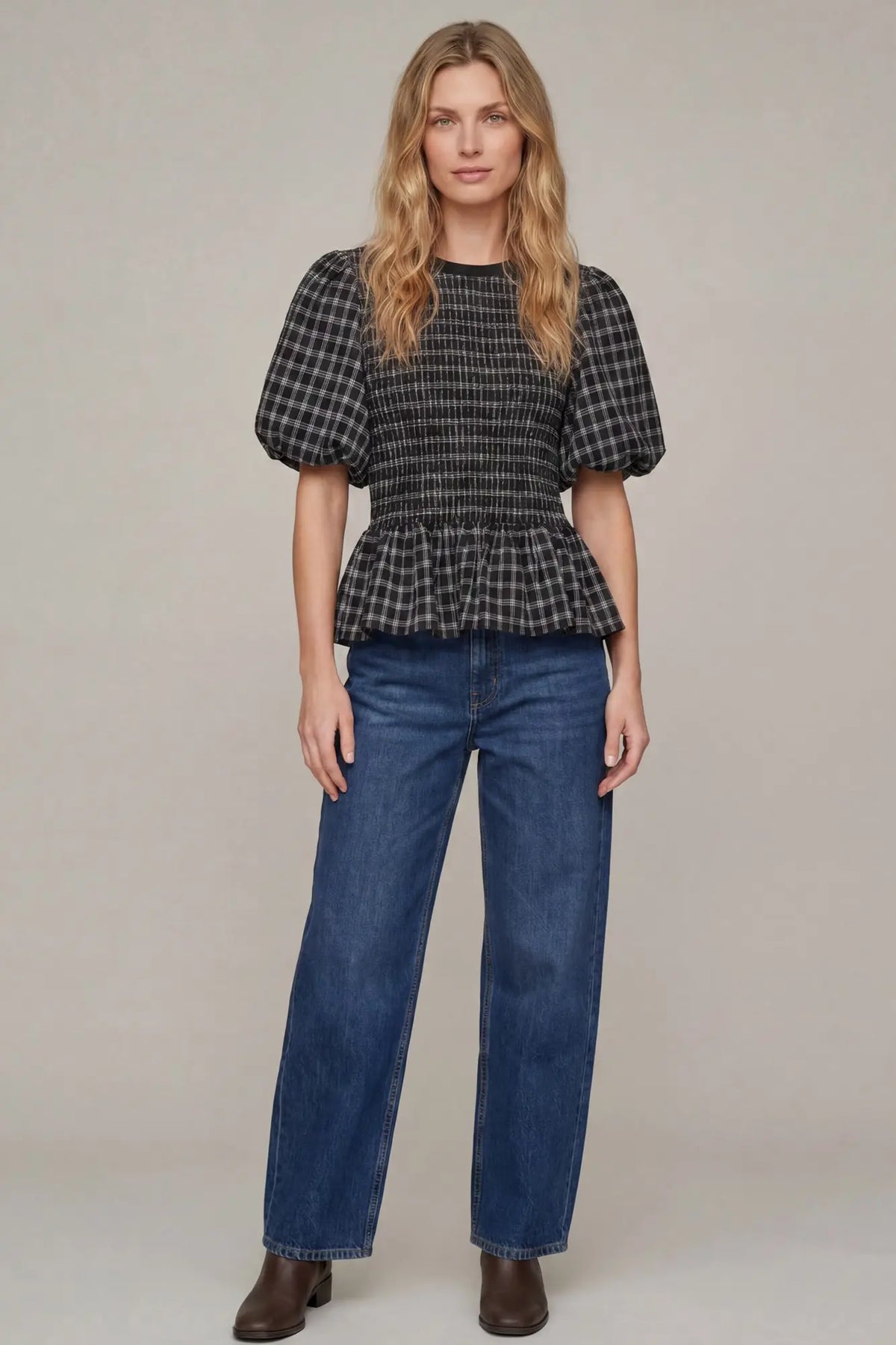 Black Plaid Puff Sleeve Smocked Top
