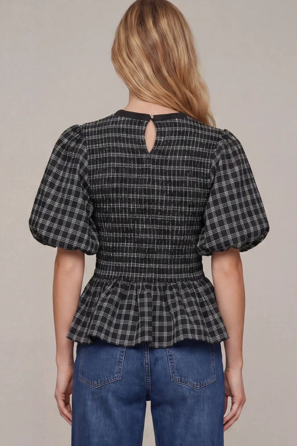 Black Plaid Puff Sleeve Smocked Top