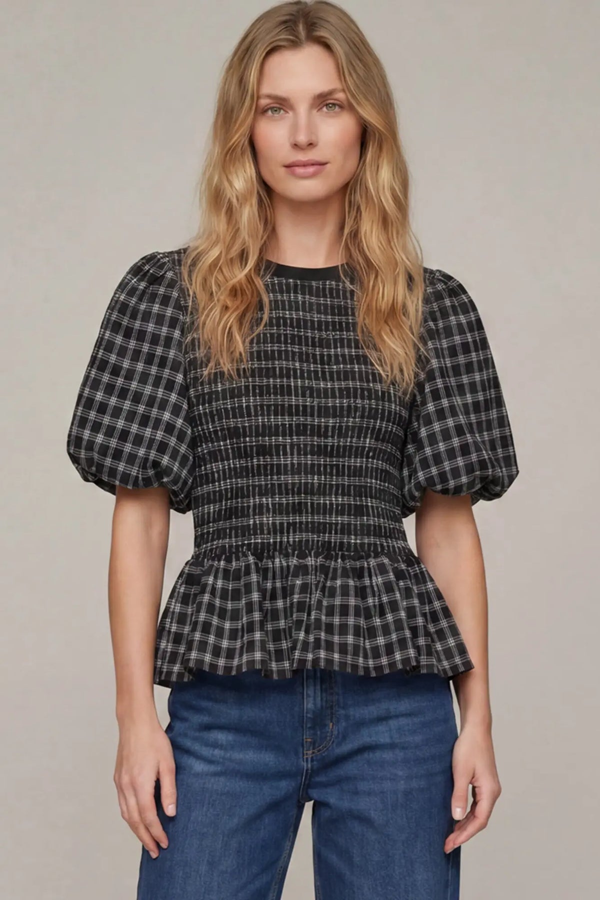 Black Plaid Puff Sleeve Smocked Top