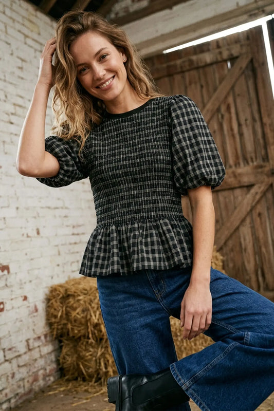 Black Plaid Puff Sleeve Smocked Top
