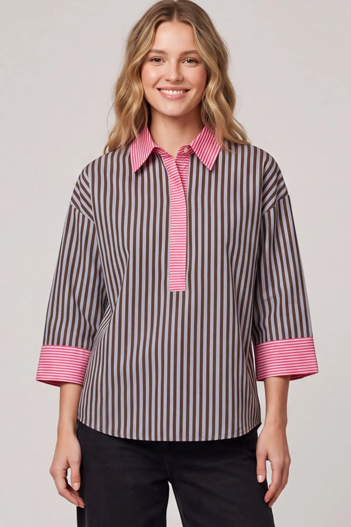 Brown 3/4 Sleeve Striped Top