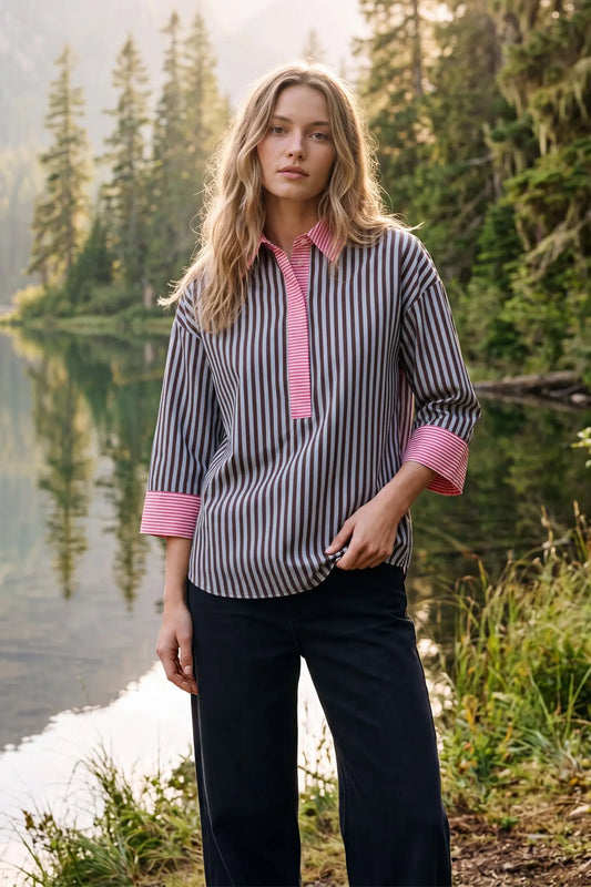 Brown 3/4 Sleeve Striped Top