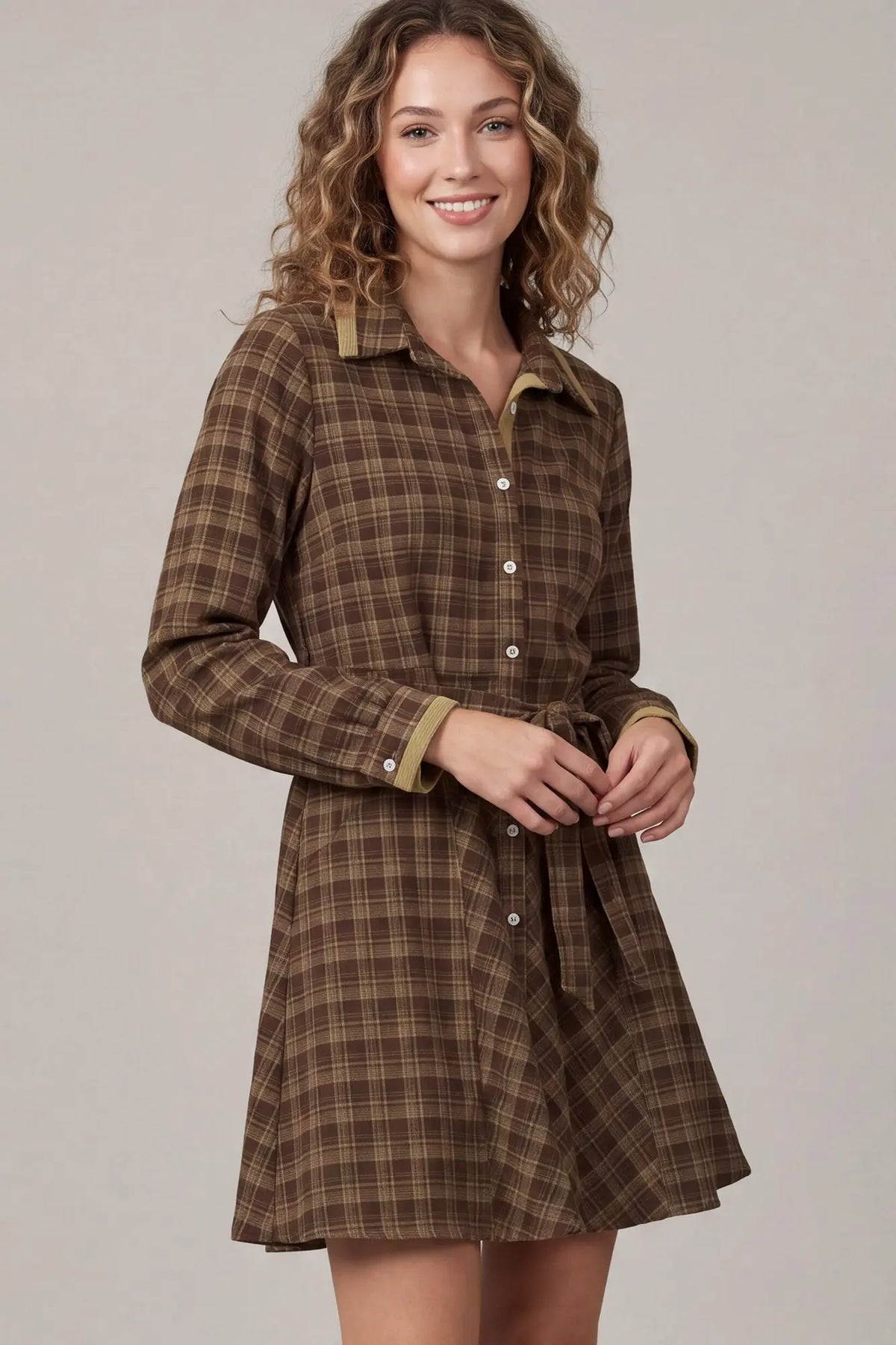 Brown Plaid Mini Dress