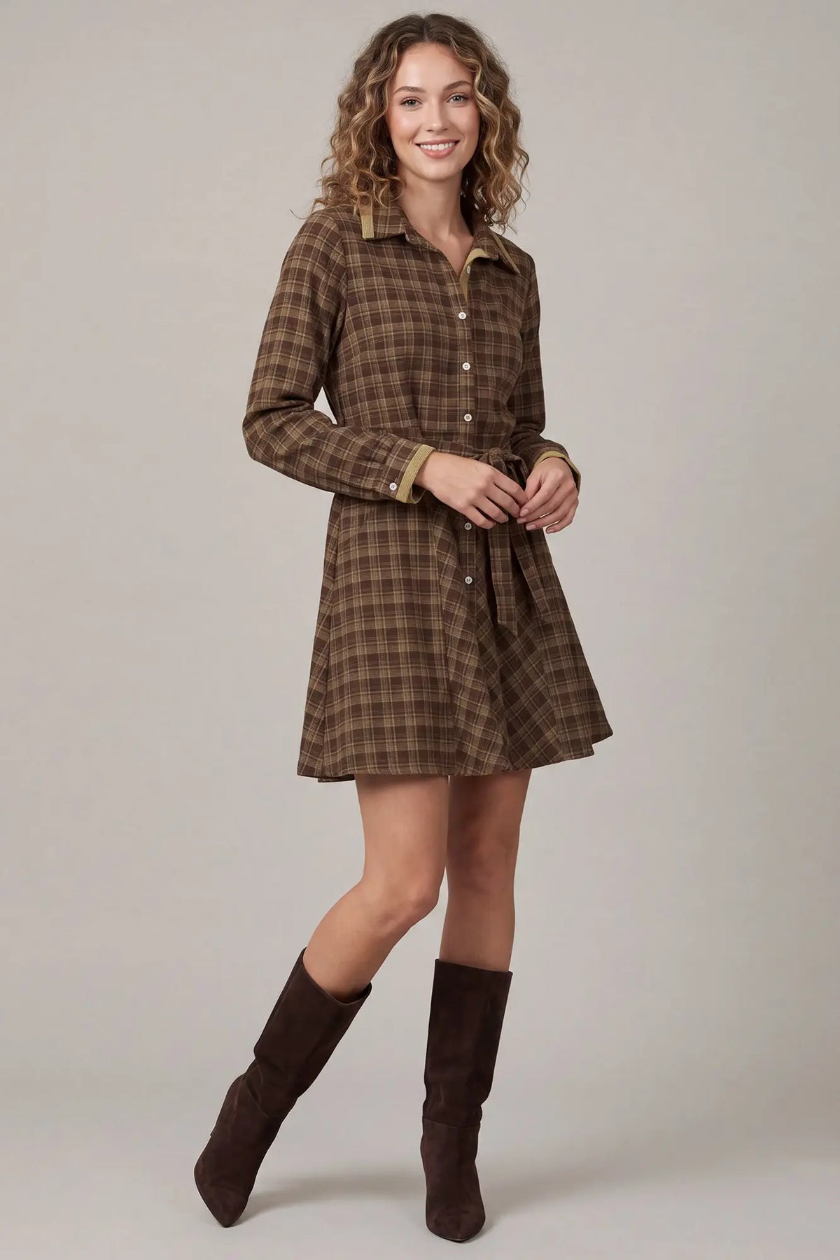 Brown Plaid Mini Dress