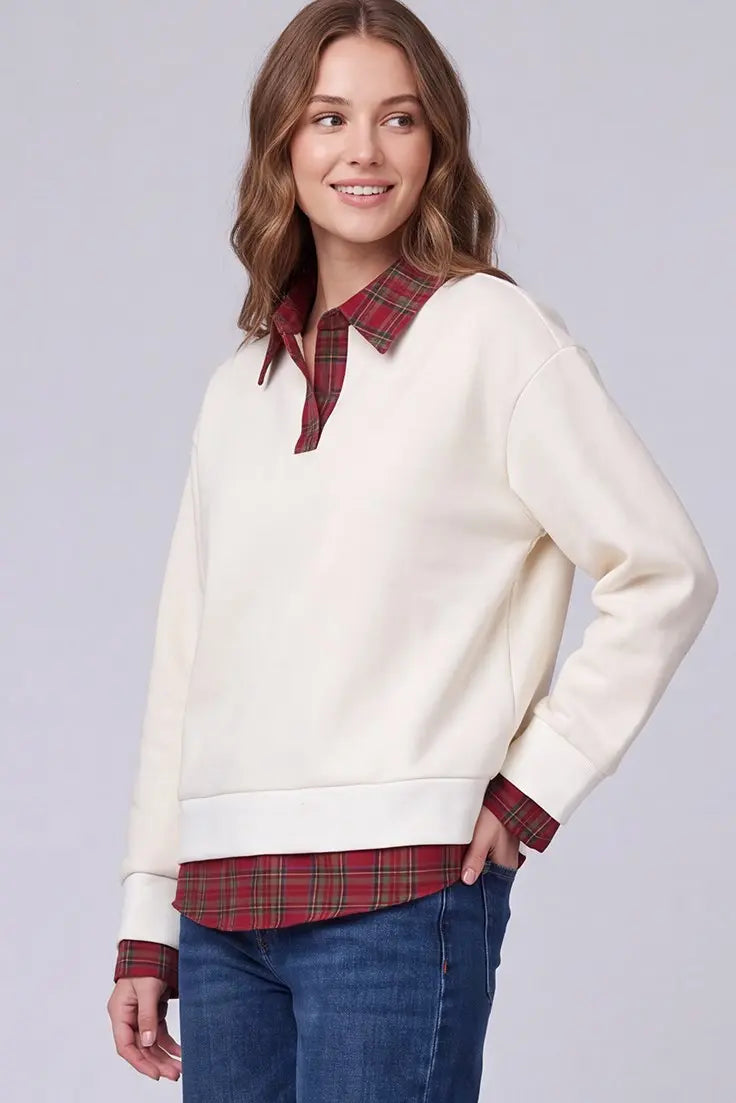Cream & Red Plaid Layered Look Top