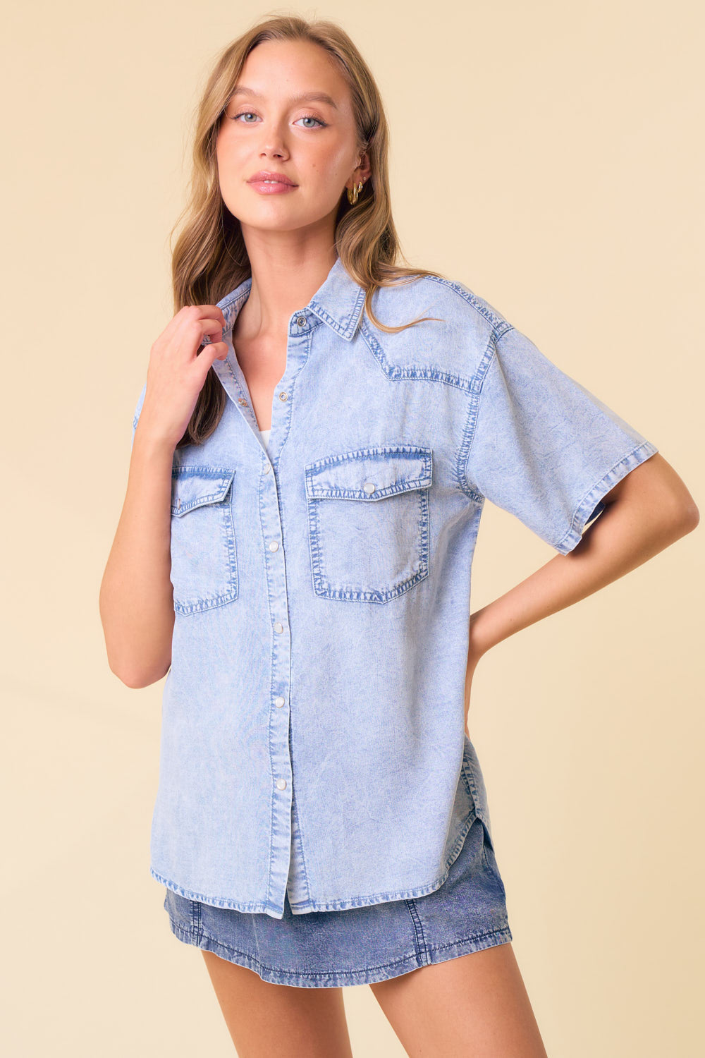 Light Denim Short Sleeve Button Up Top