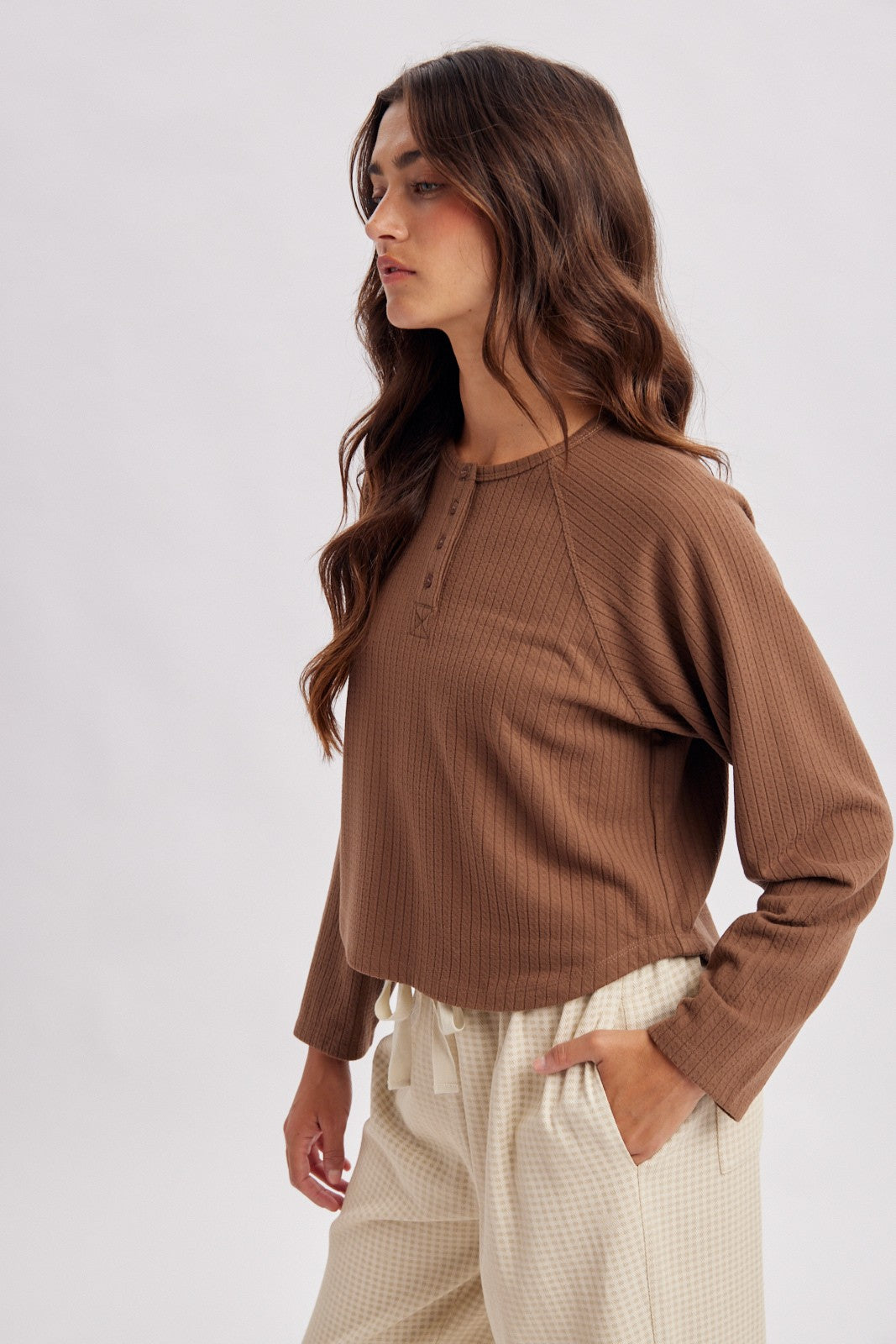 Chocolate Ribbed Henley Top
