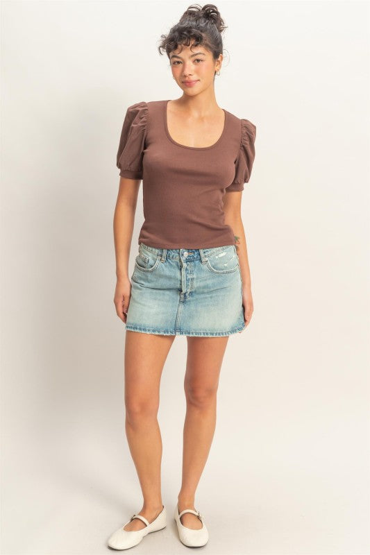 Ribbed Puff Sleeve Scoop Neck Top- Chocolate