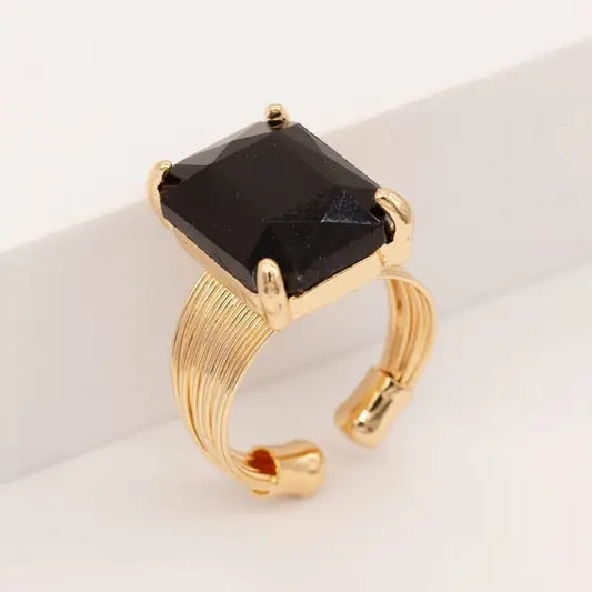 Black Square Glass Cushion Cut Adjustable Wire Ring